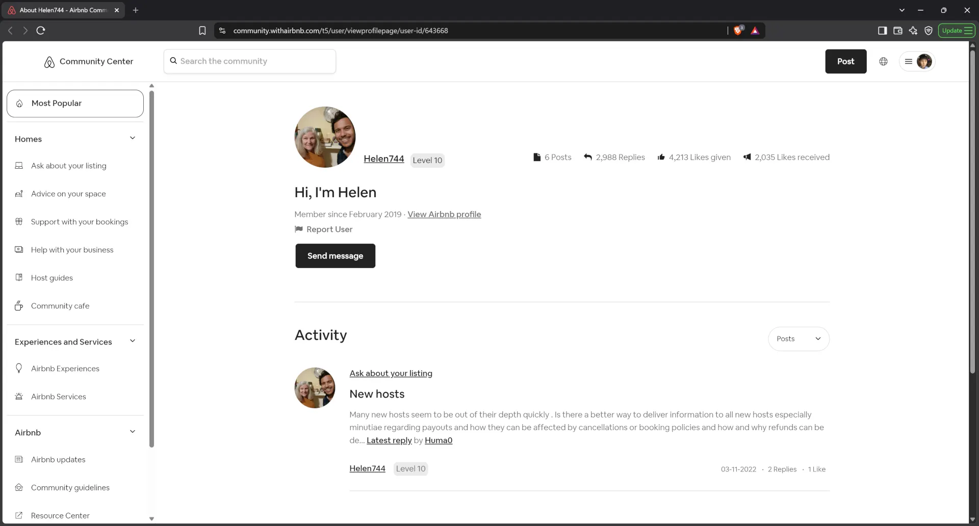 Airbnb community center profile for host Helen744