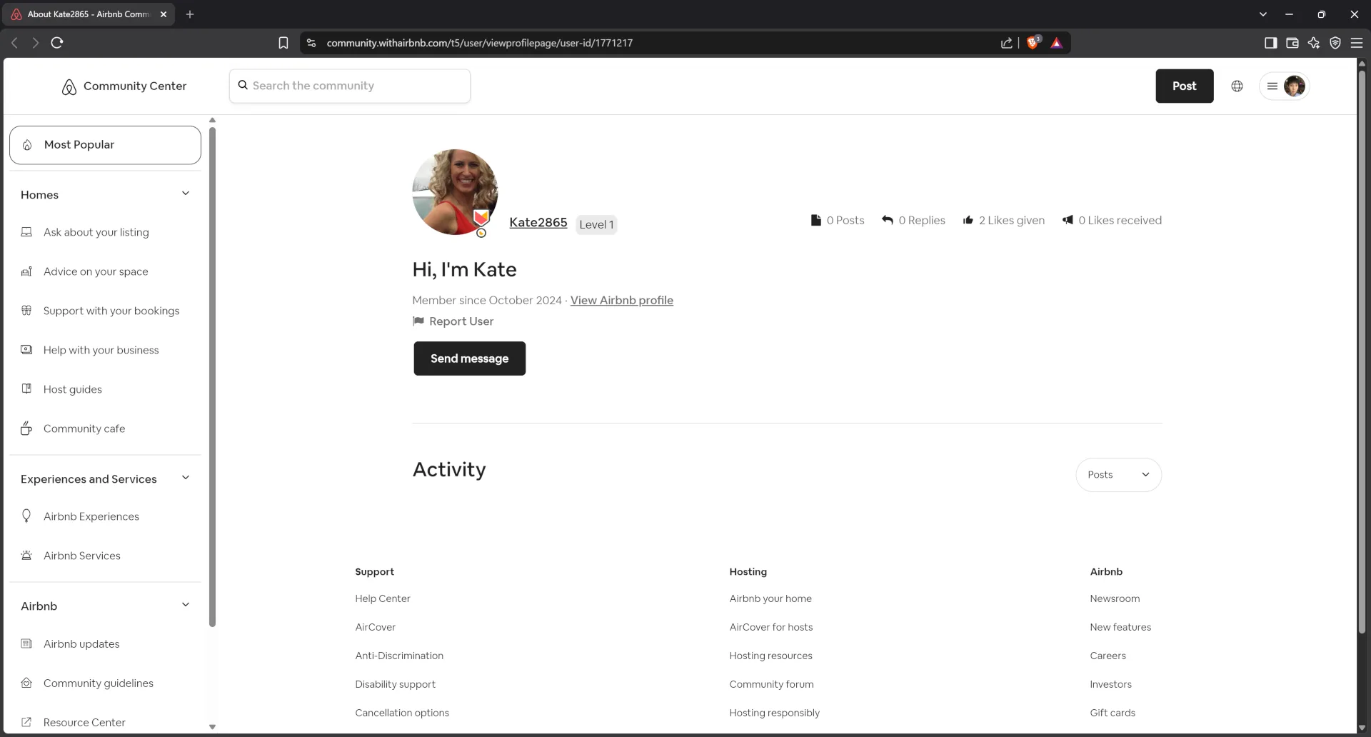 Airbnb community center profile for host Kate2865