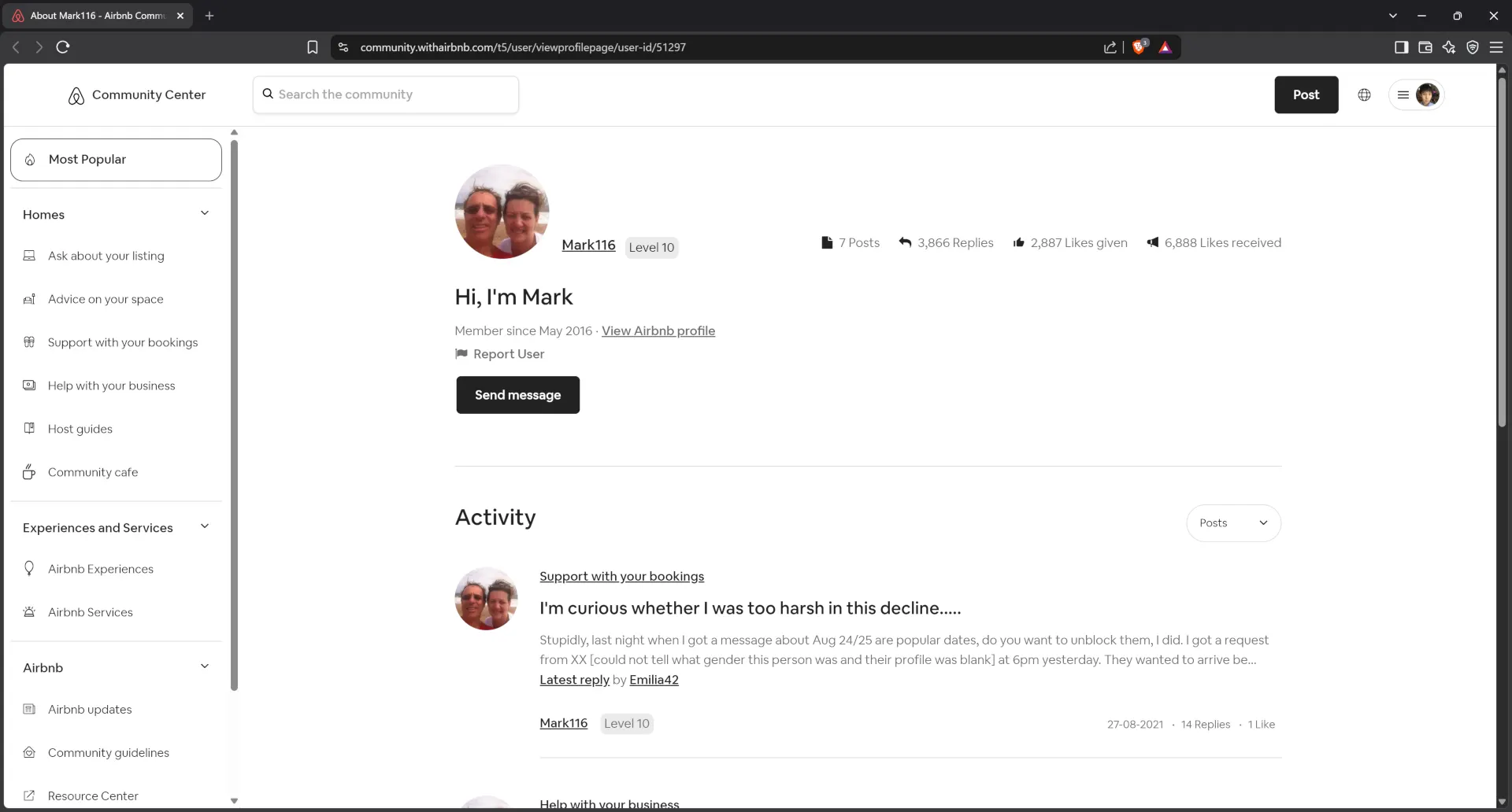 Airbnb community center profile for host Mark116