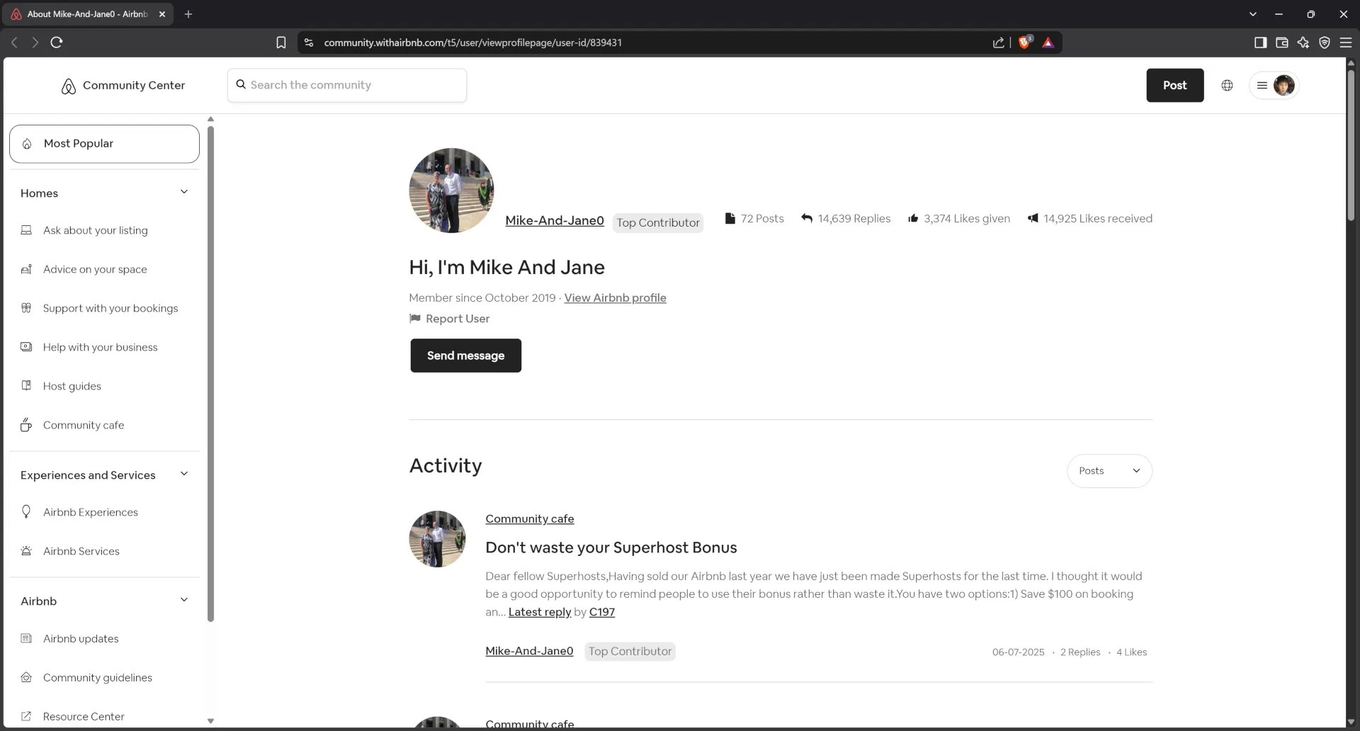 Airbnb community center profile for host Mike-And-Jane0
