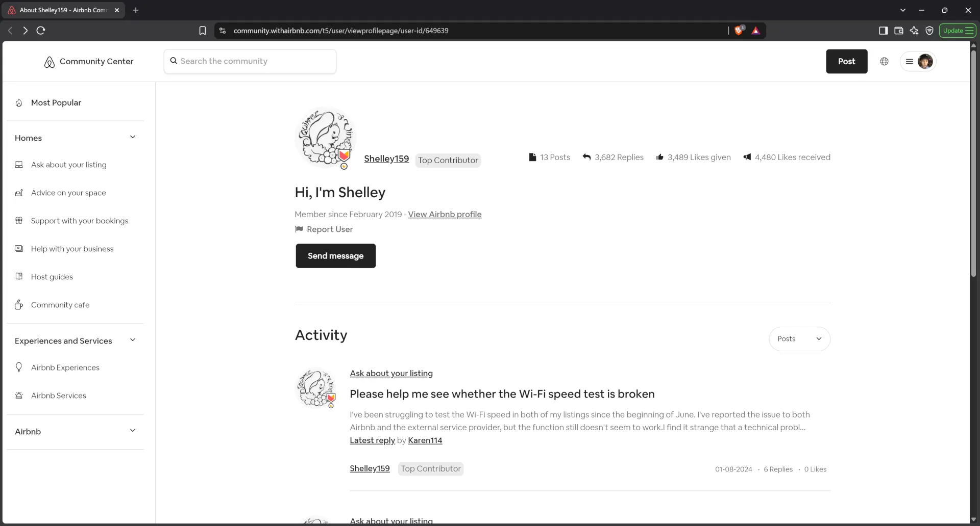 Airbnb community center profile for host Shelley159