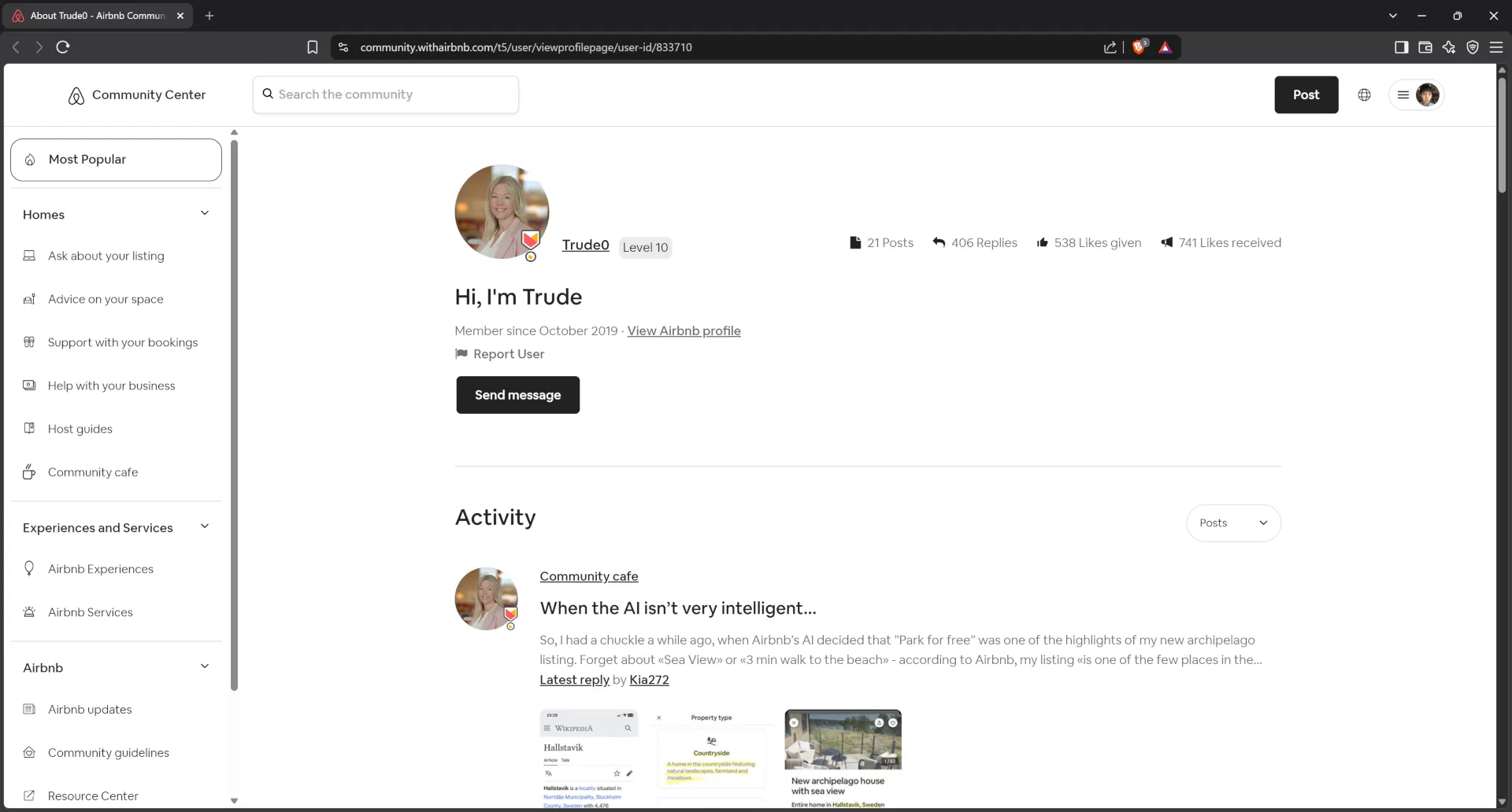 Airbnb community center profile for host Trude0