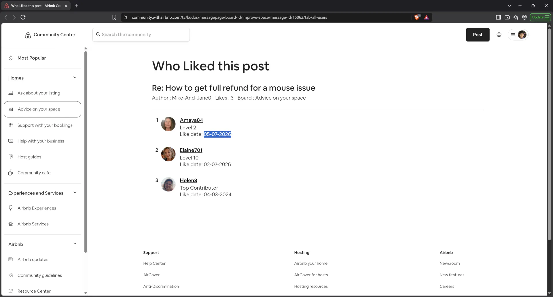 Airbnb host Amaya84 publicly supported a statement against the victim guest