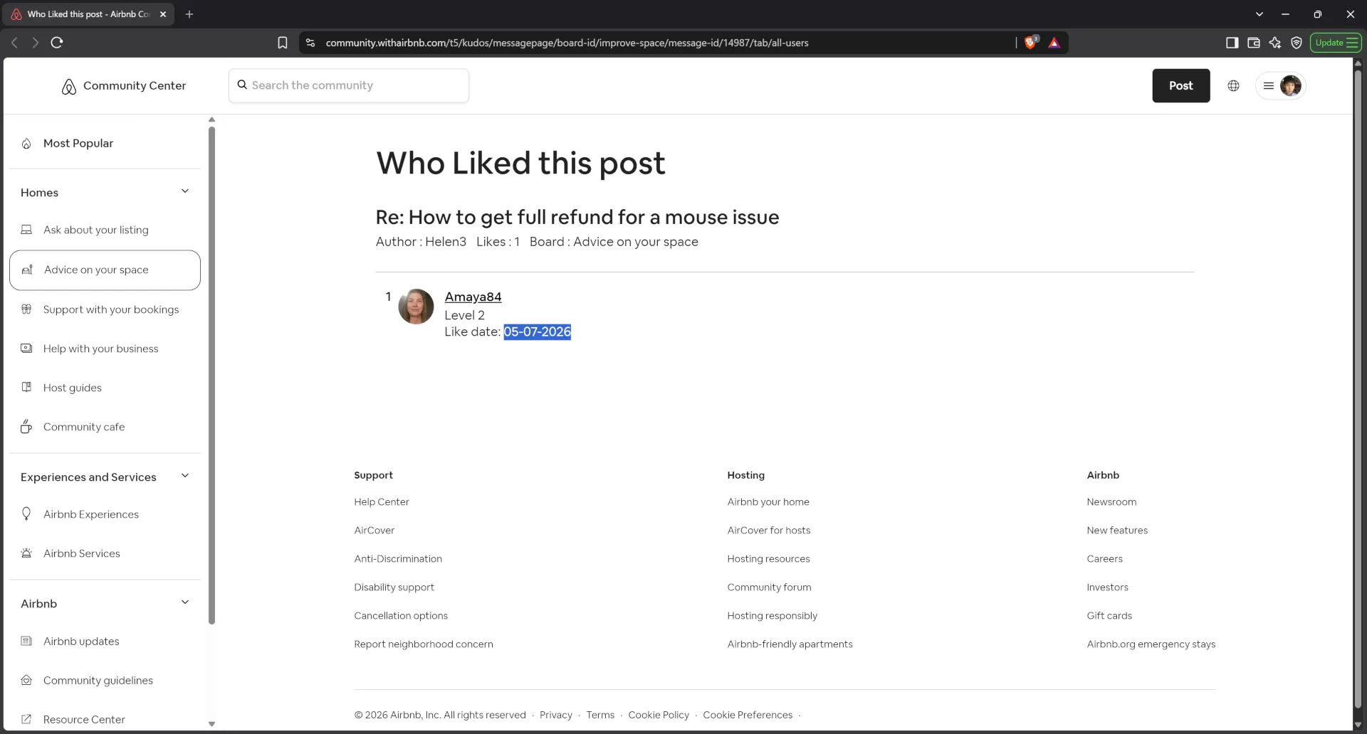Airbnb user Amaya84 publicly supported a statement against the victim guest