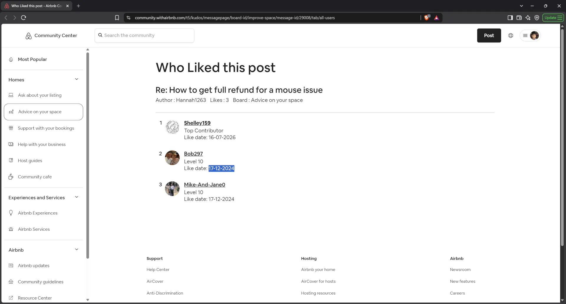 Airbnb host Bob297 publicly supported a statement against the victim guest