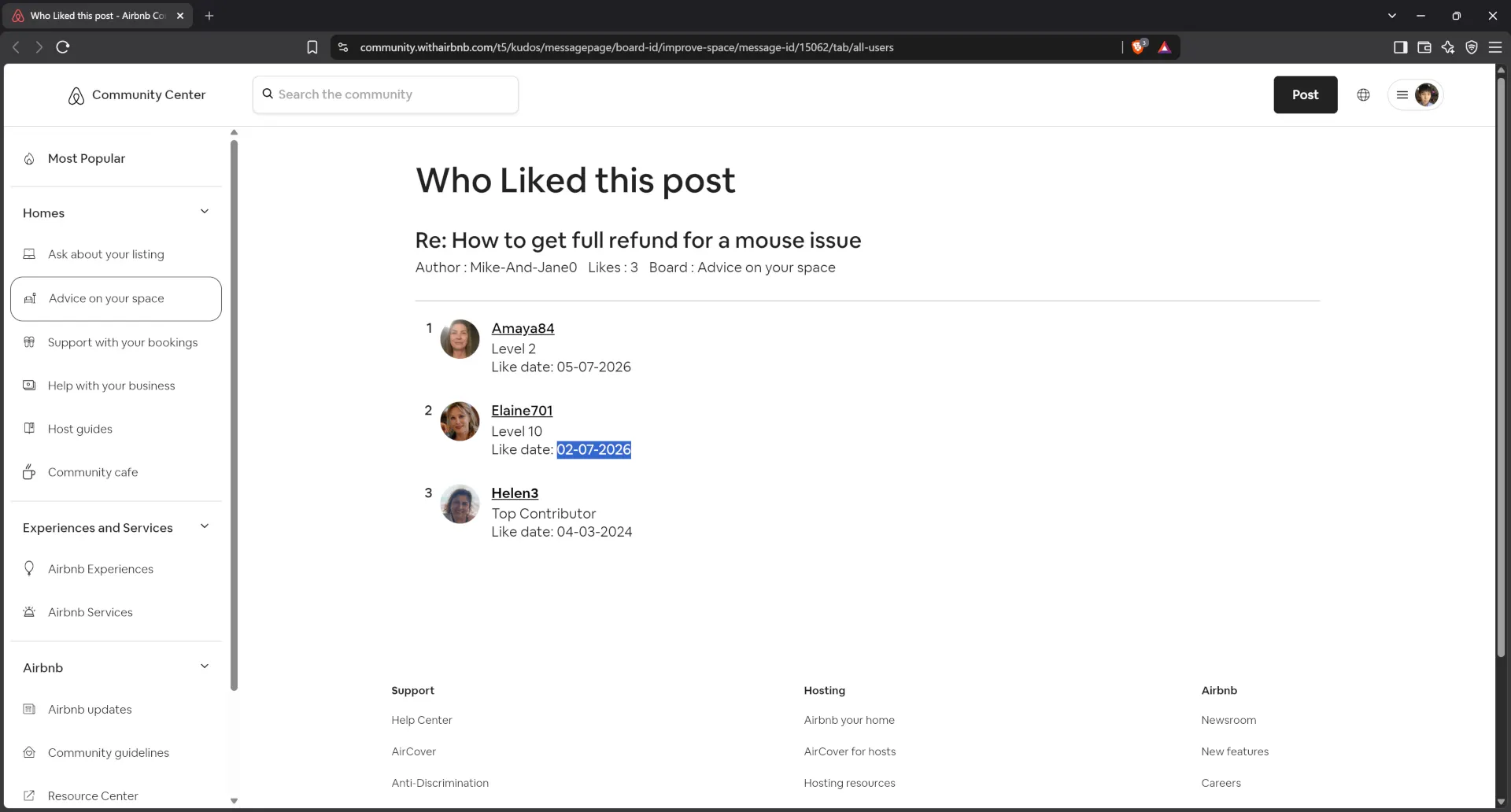 Airbnb host Elaine701 publicly supported a statement against the victim guest