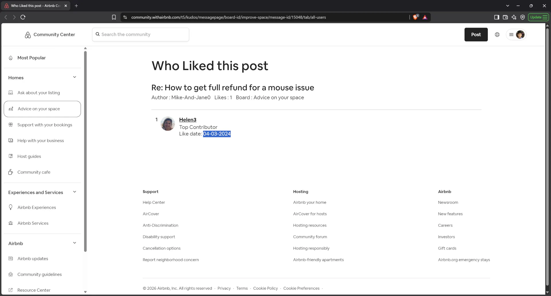 Airbnb host Helen3 publicly supported a statement against the victim guest