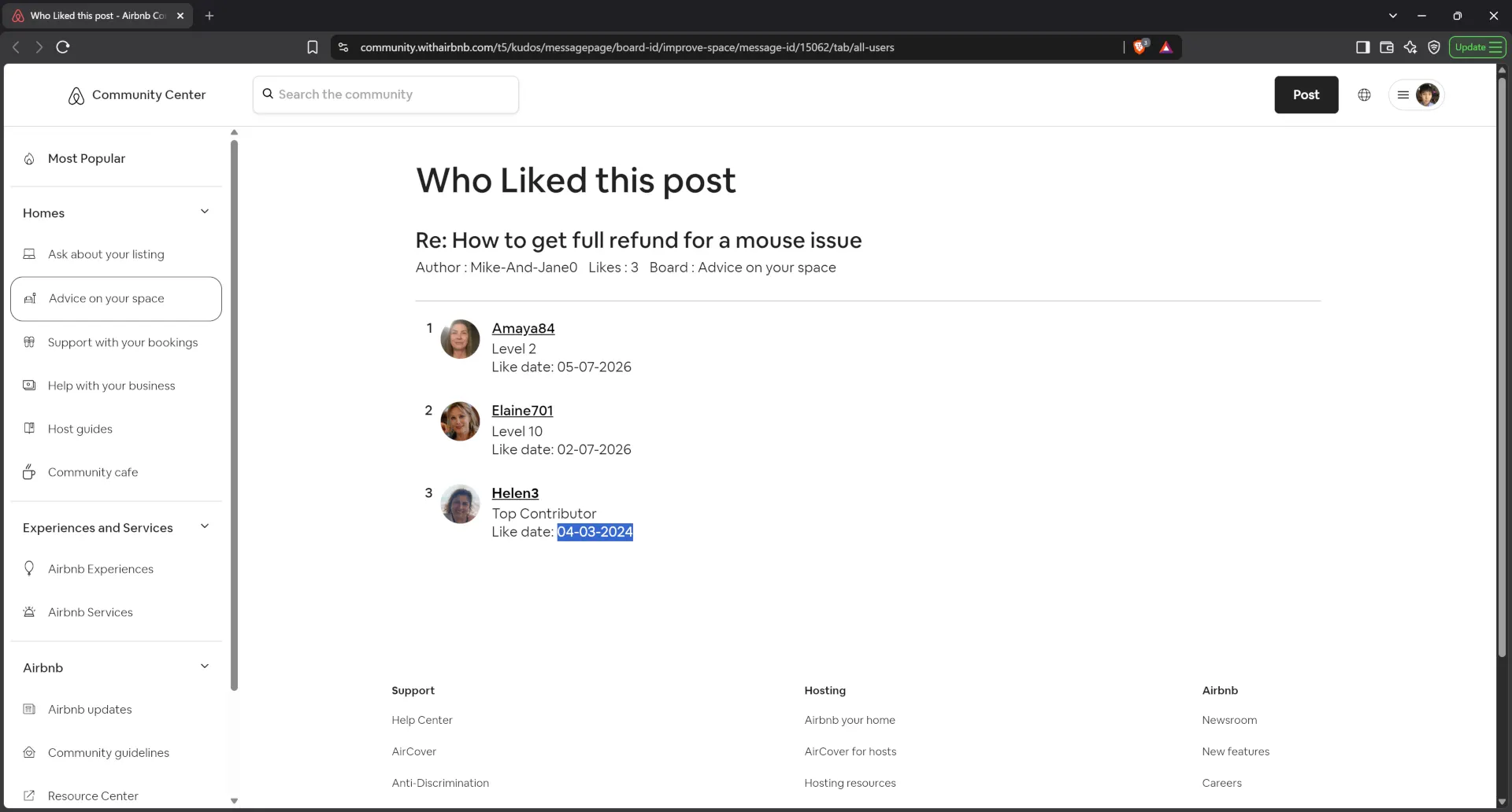 Airbnb host Helen3 publicly supported a statement against the victim guest