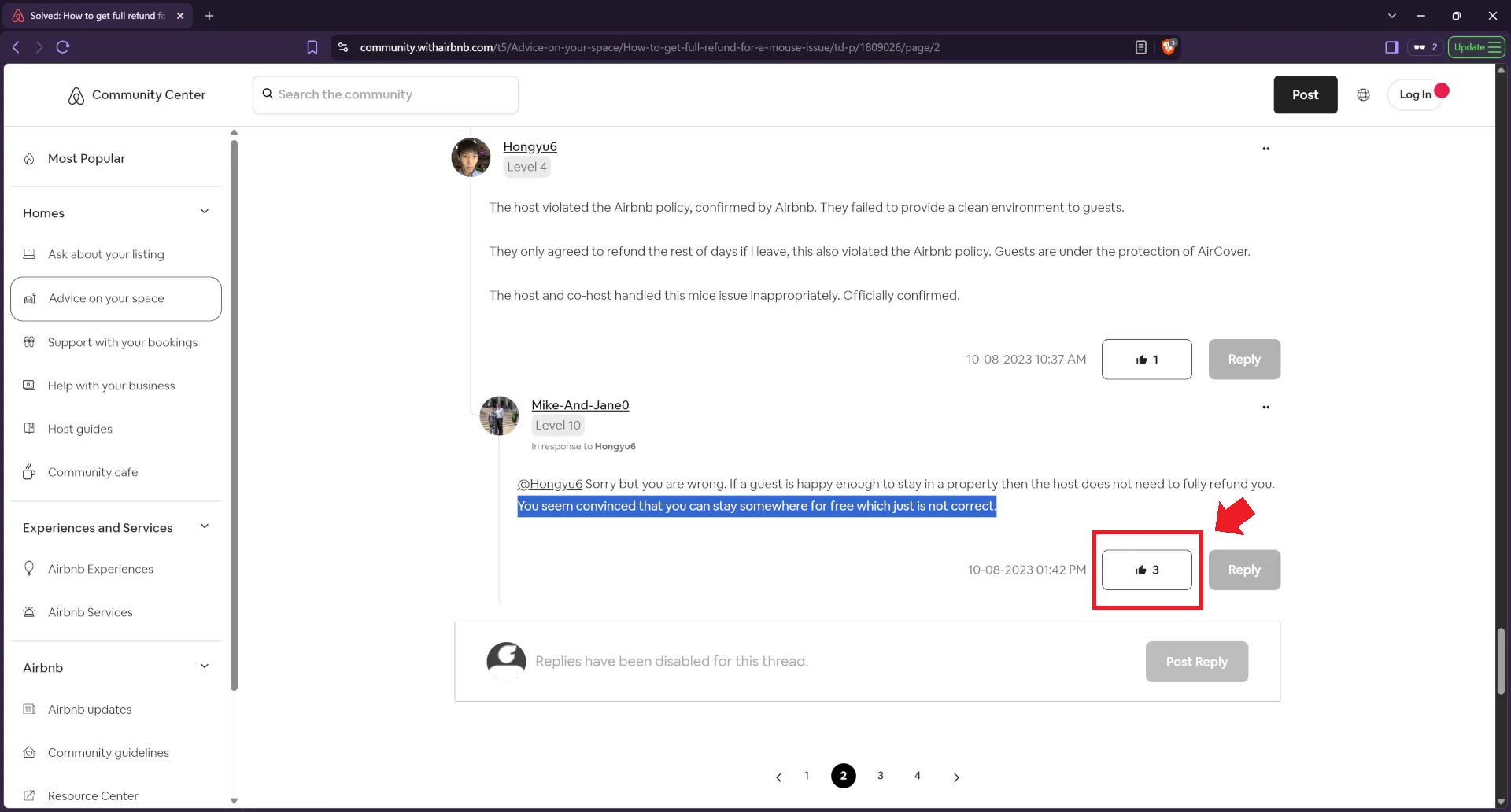 Helen3 with titles of Top Contributor & Superhost clicked 'like' to publicly support statements of Airbnb host Mike-And-Jane0 'If a guest is happy enough...You seem convinced that you can stay somewhere for free which just is not correct' against a victim guest on Mar 4, 2026.