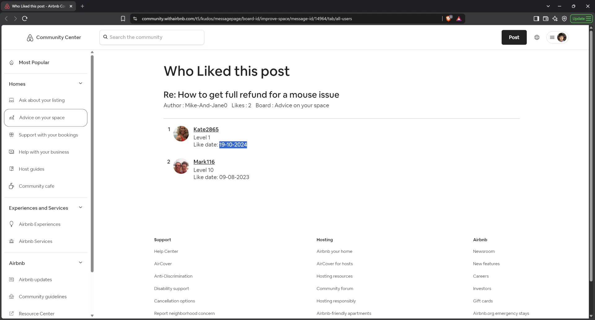 Airbnb host Kate2865 publicly supported a statement against the victim guest