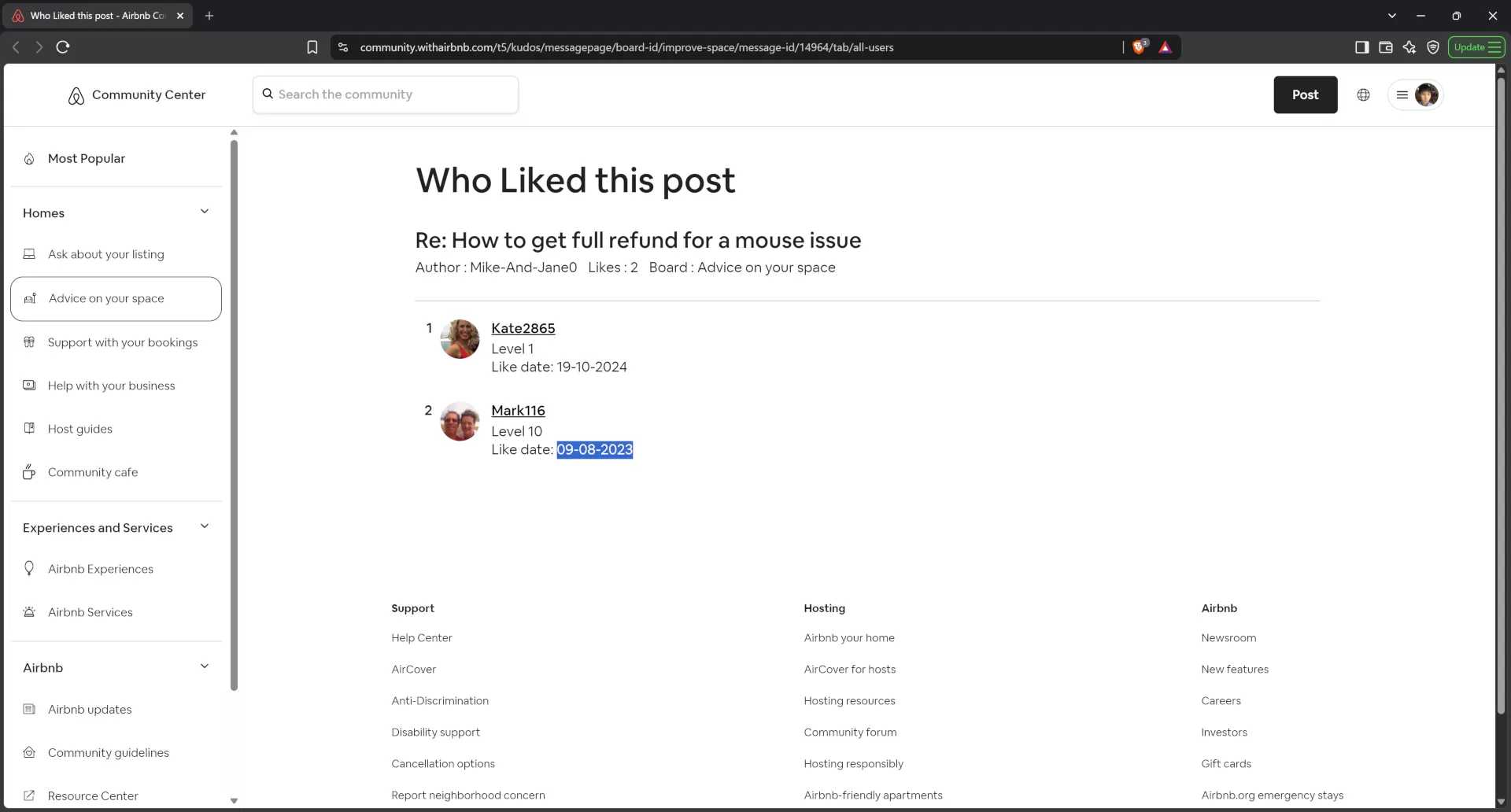 Airbnb host Mark116 publicly supported a statement against the victim guest