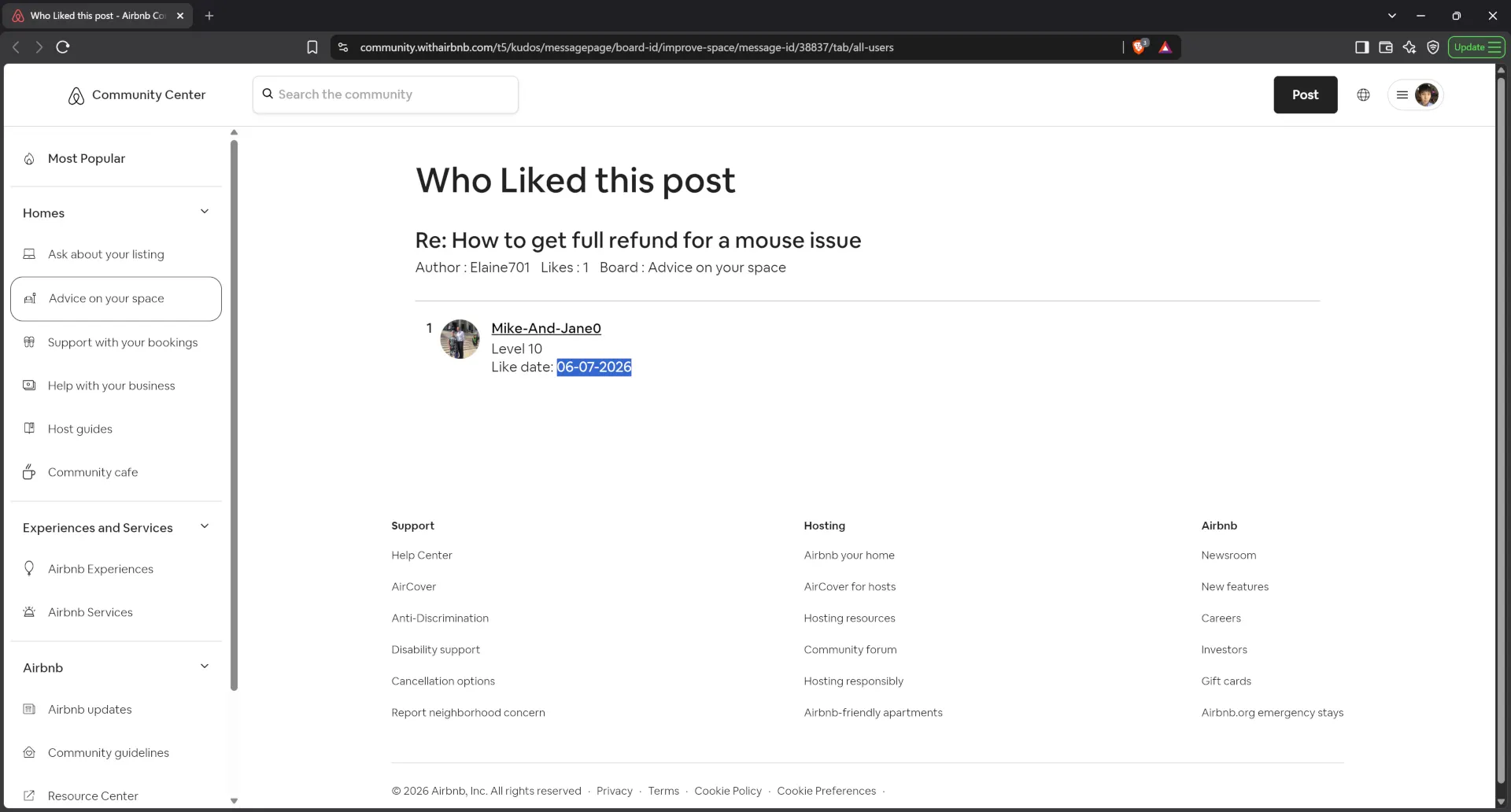 Airbnb host Mike-And-Jane0 publicly supported a statement against the victim guest