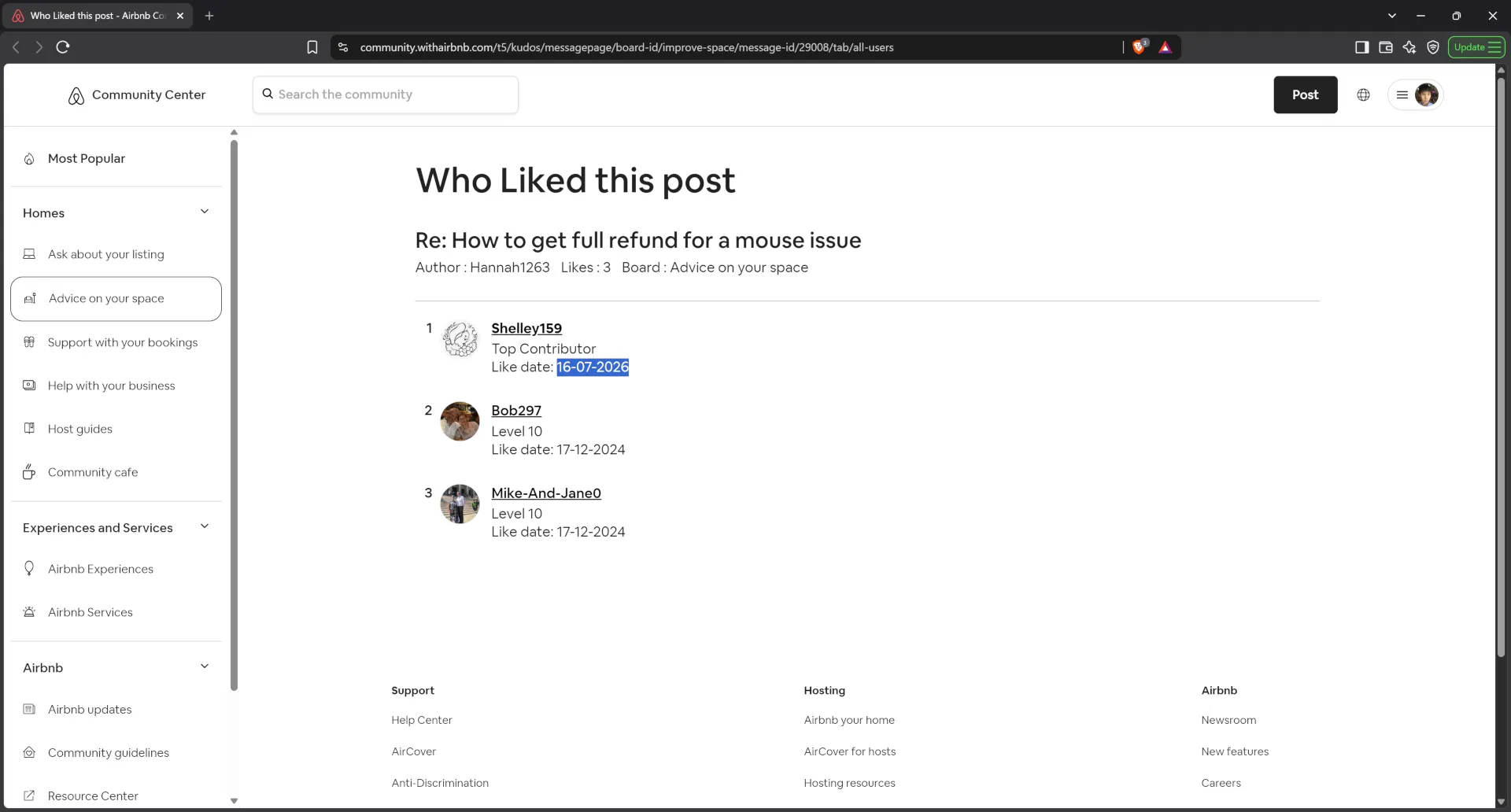 Airbnb host Shelley159 publicly supported a statement against the victim guest