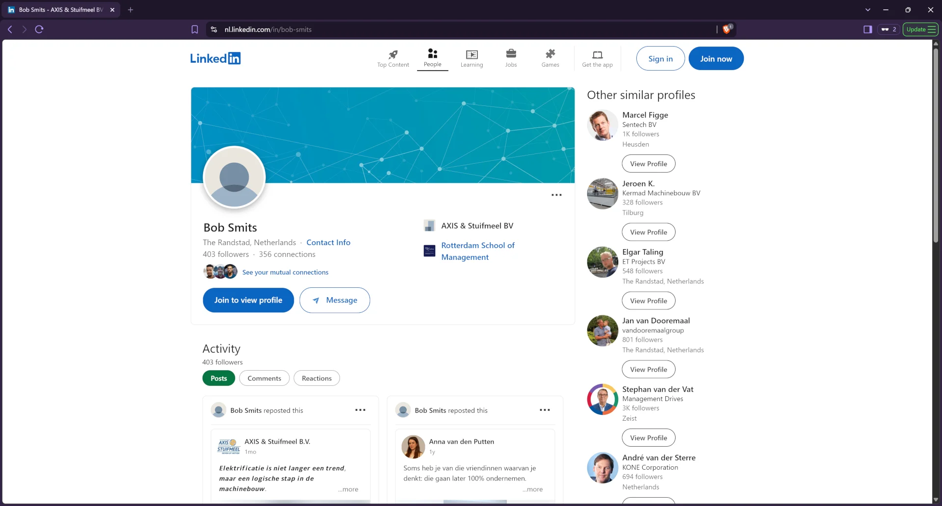 Linkedin profile for Airbnb host Bob297 (real name: Bob Smits)
