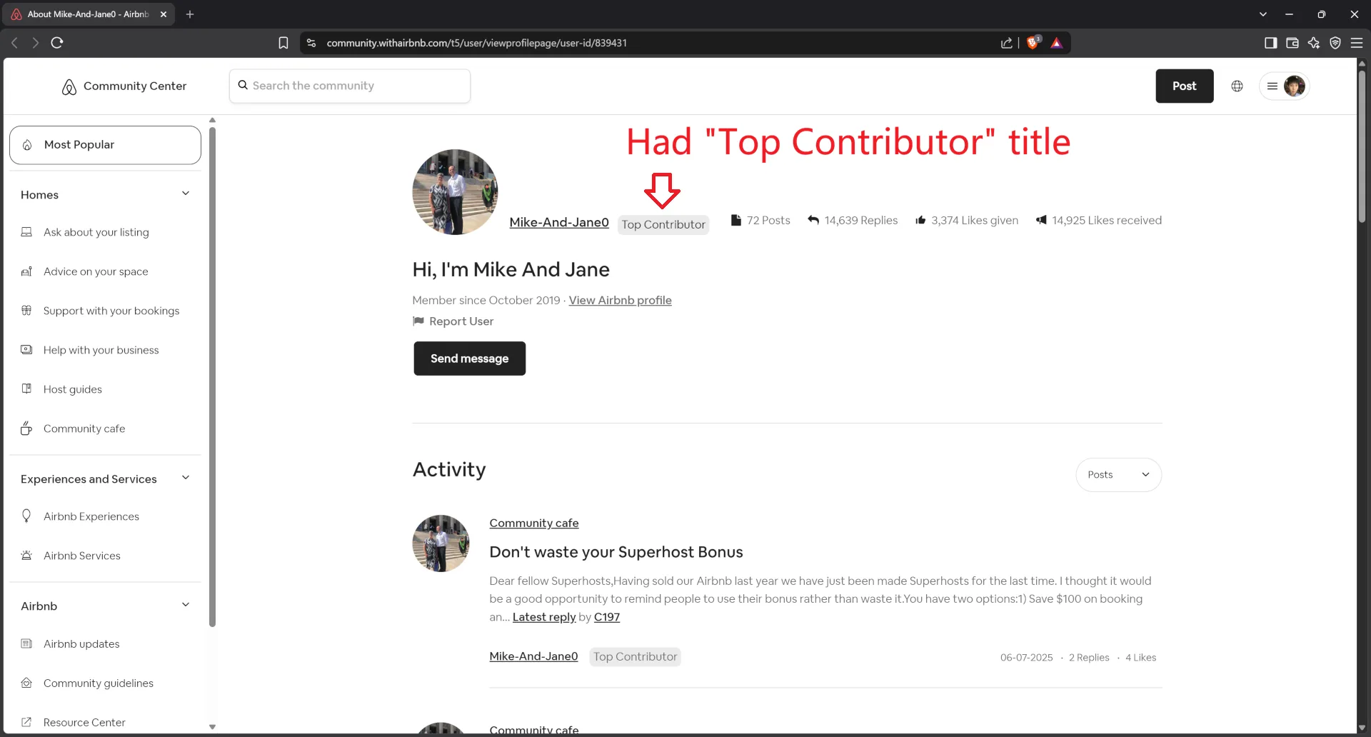 Airbnb host Mike-And-Jane0 had title of Top Contributor