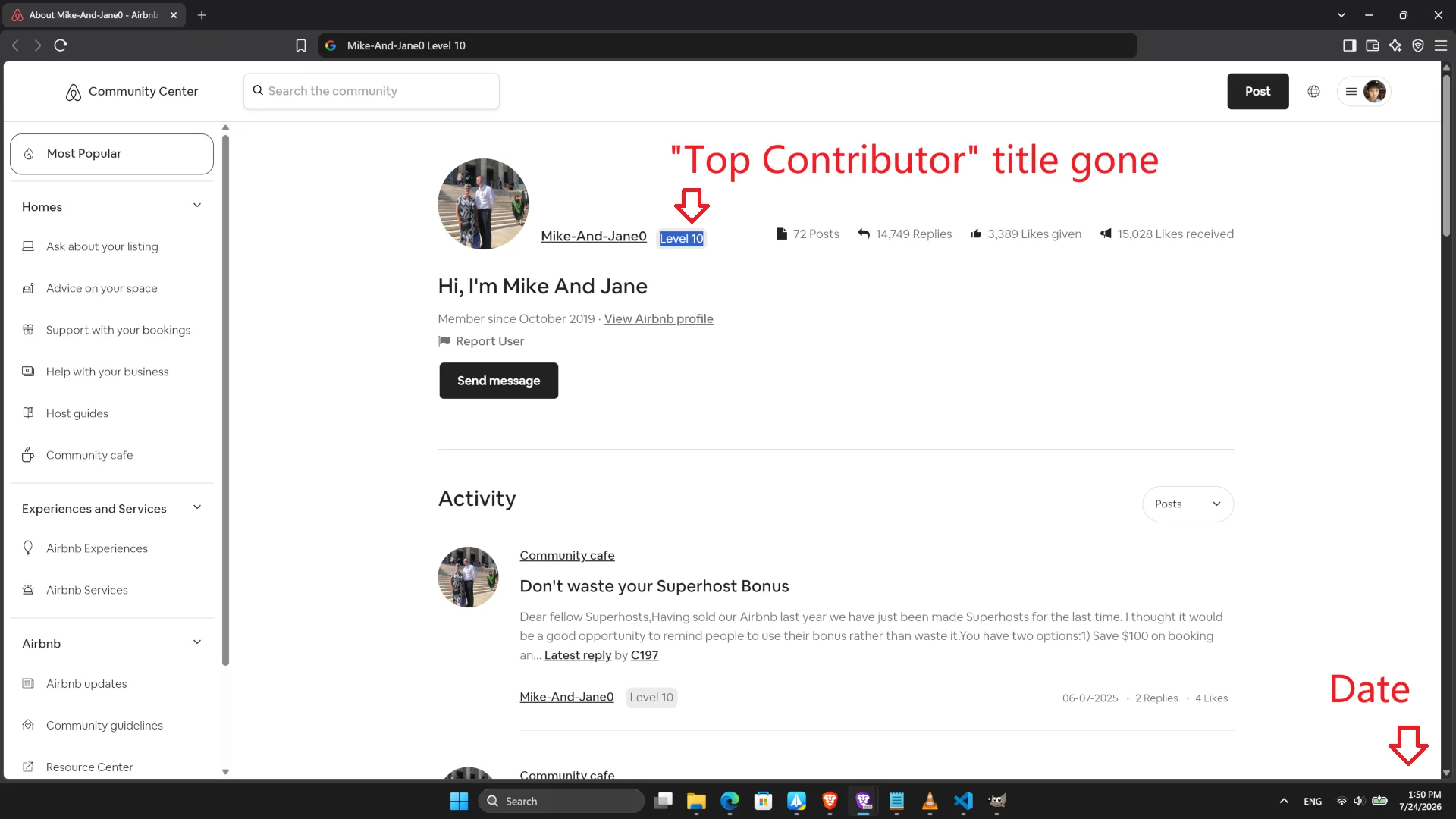 Airbnb host Mike-And-Jane0 lost the title of Top Contributor due to misconduct