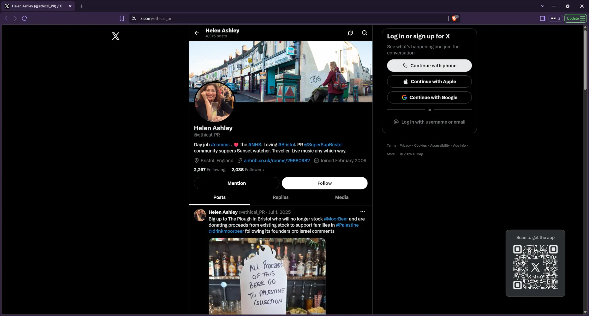 X (Twitter) profile for Airbnb host Helen3 (real name: Helen Ashley)