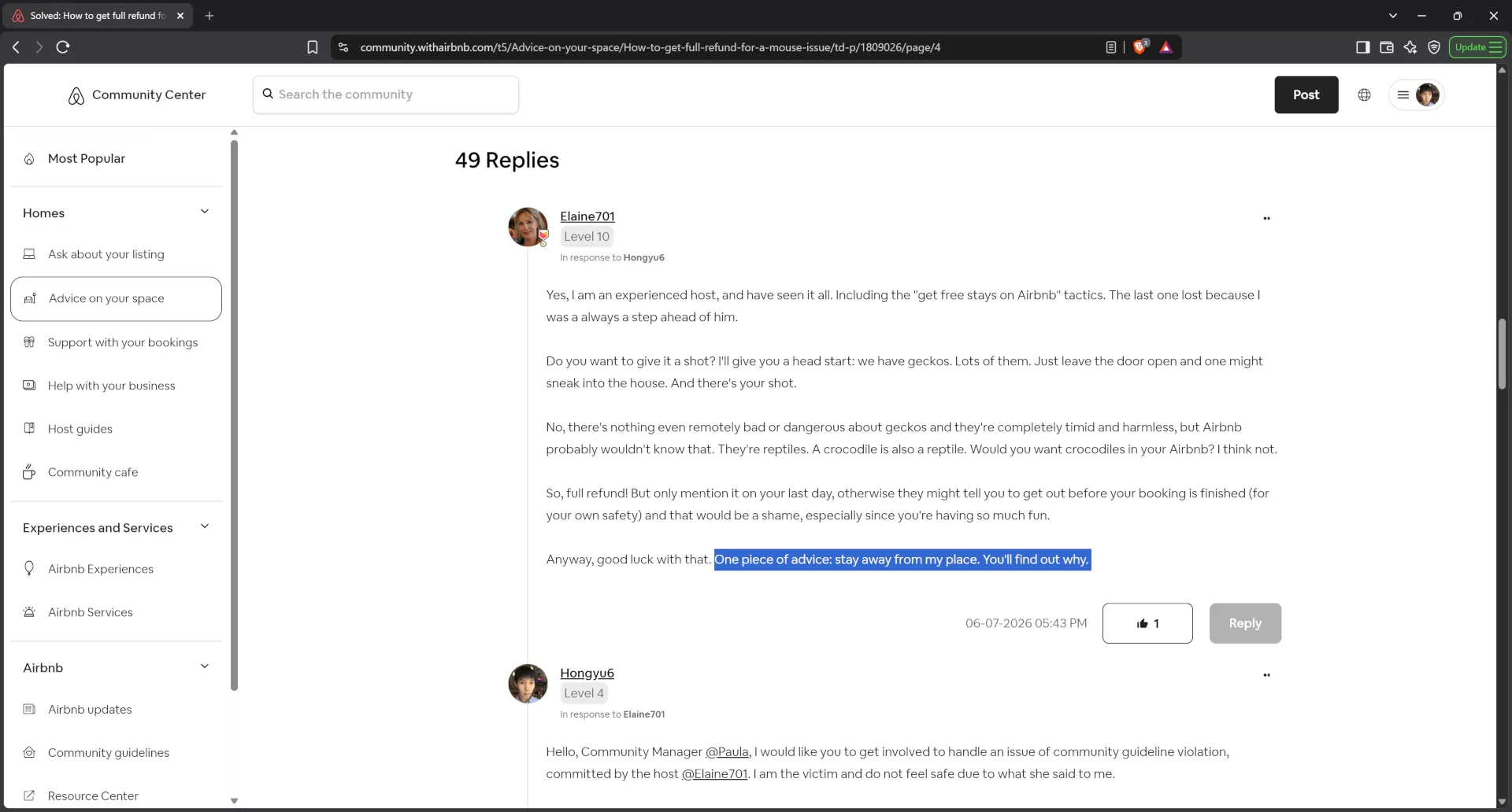 Airbnb host Elaine701 implicitly threatened a victim guest