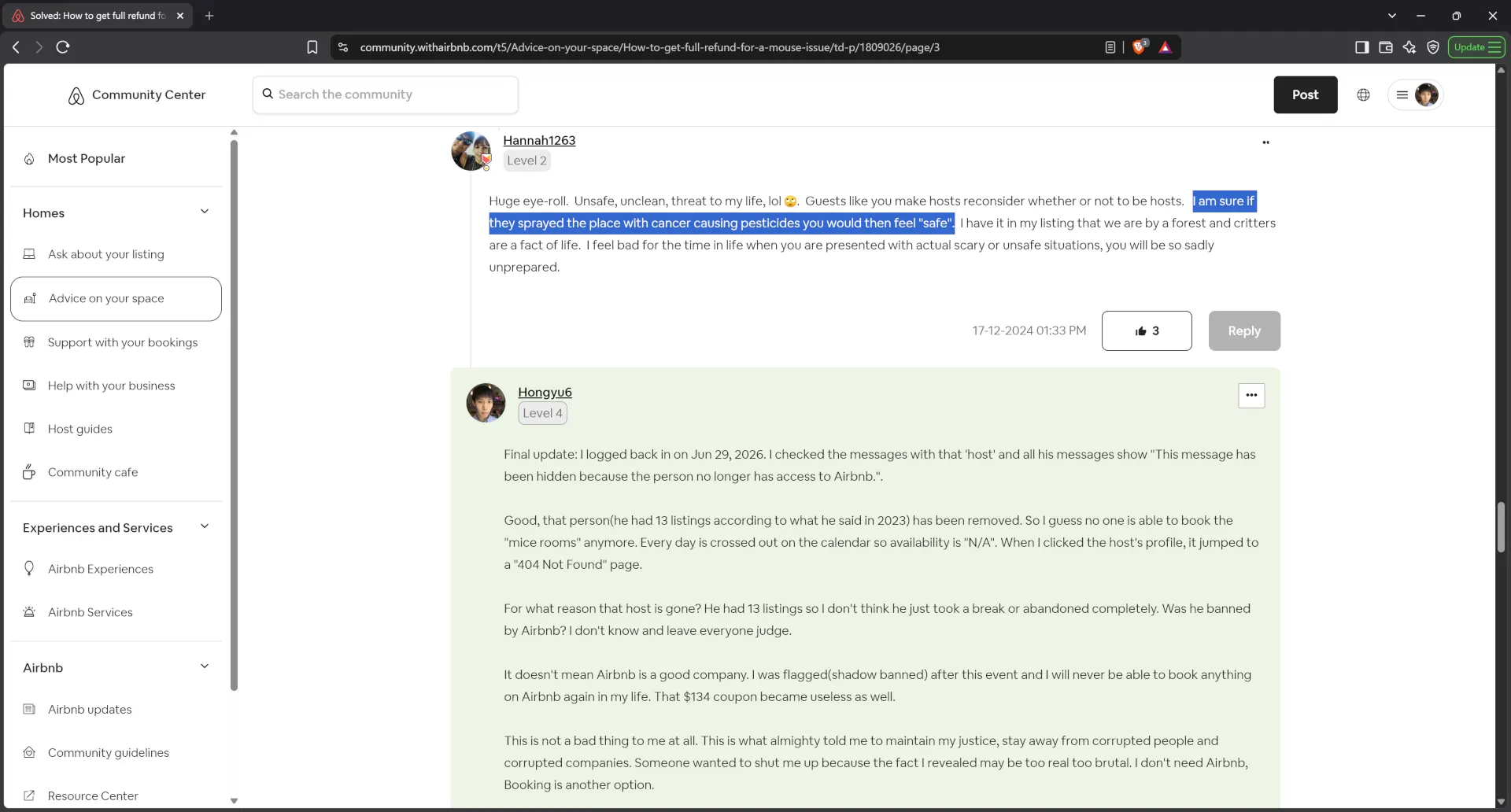 Airbnb host Hannah1263 with the title of Superhost joked about 'cancer causing pesticides' to a victim guest on Dec 17, 2024.