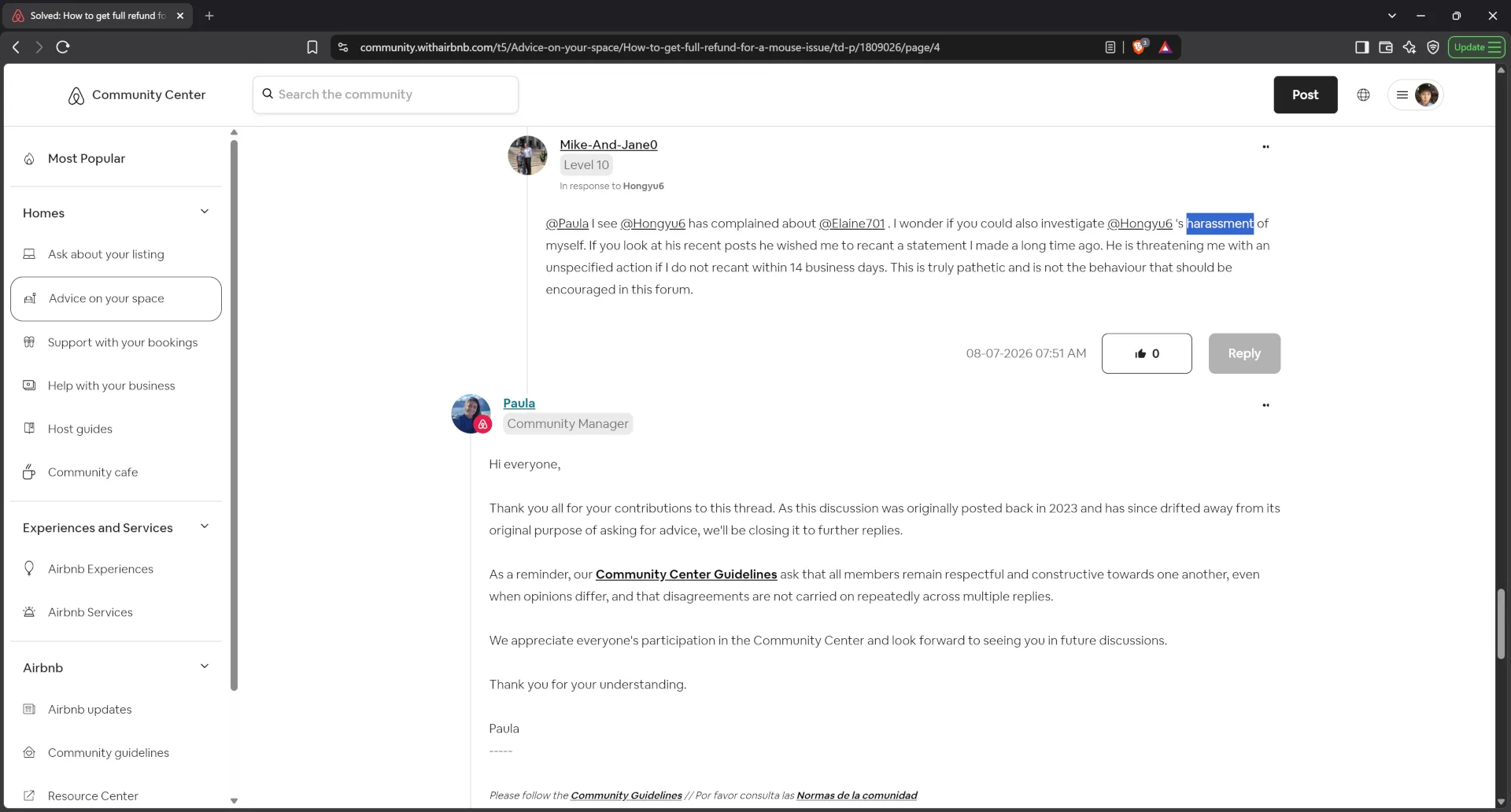 Misconduct of Airbnb host Mike-And-Jane0 against the victim guest by calling harassment