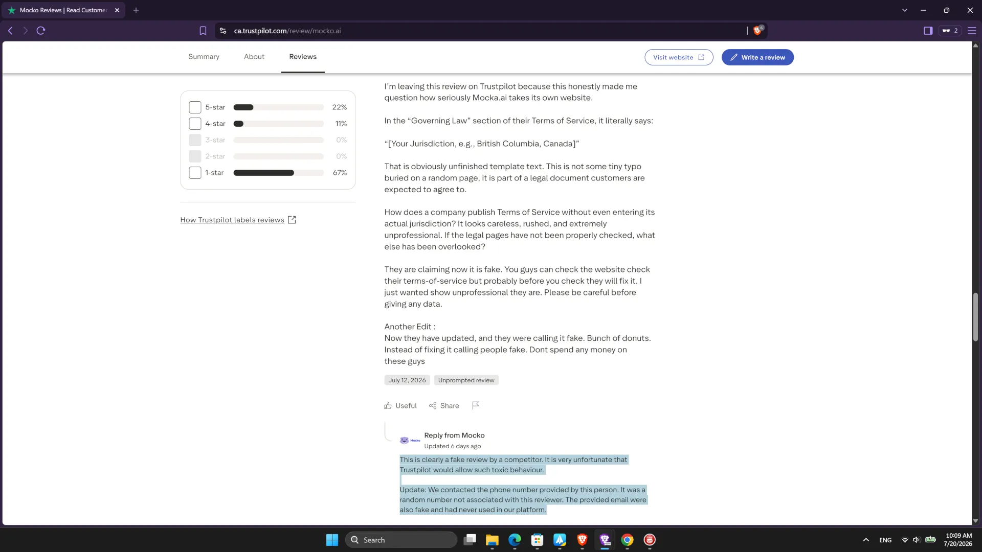 Mocko's accusation against user and trustpilot