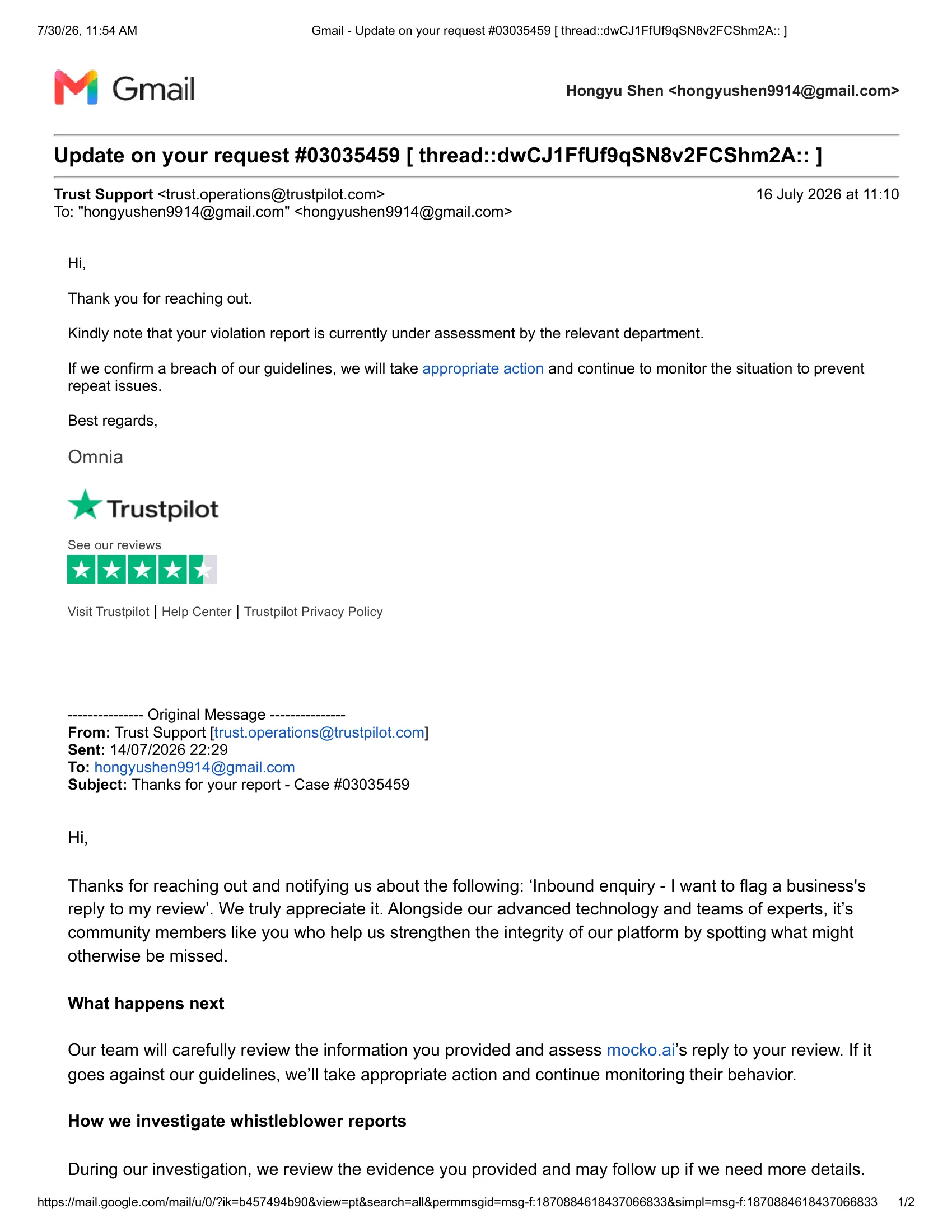 Reporting misconduct of Mocko.ai to Trustpilot
