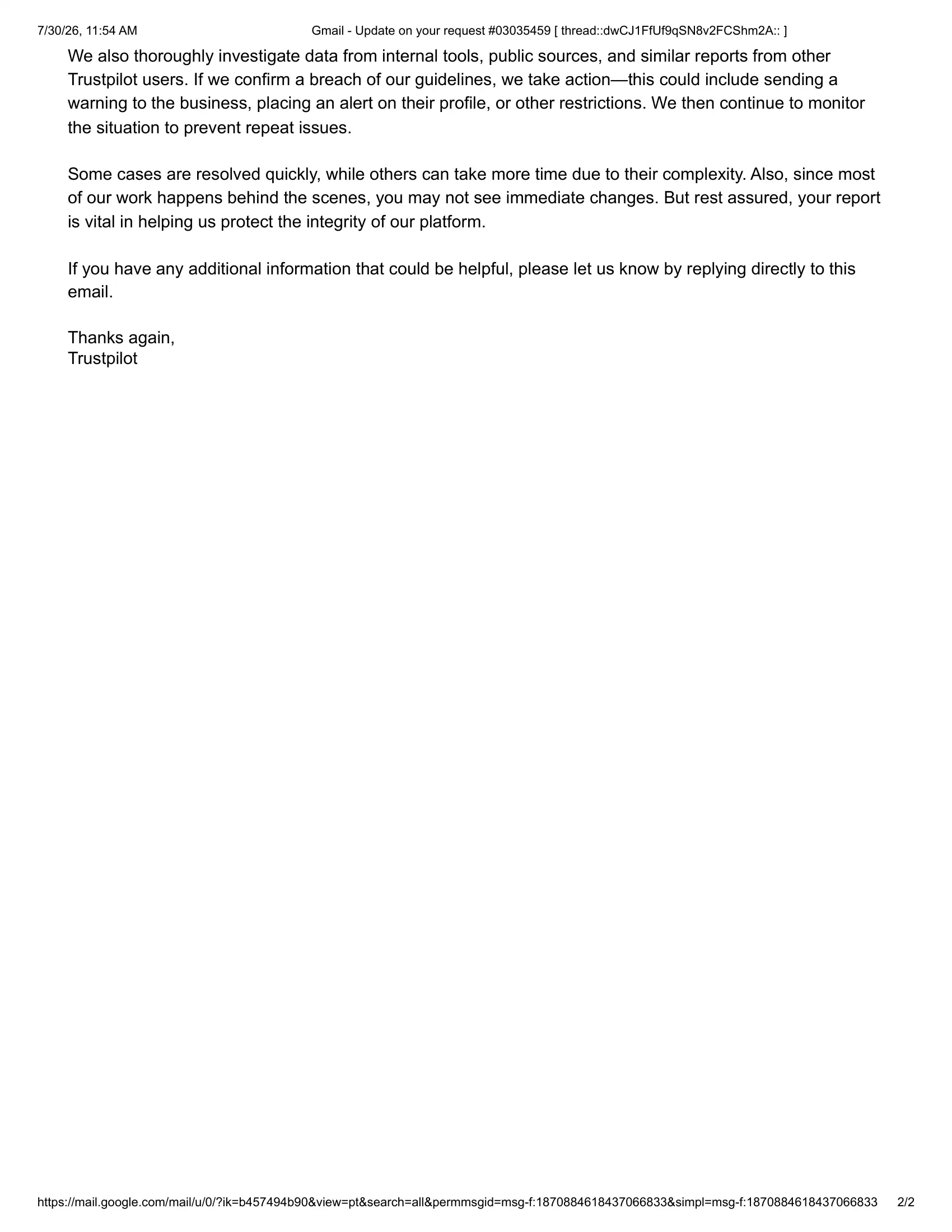 On Jul 16, 2026, Trustpilot agent Omnia has received the request with evidence about misconduct of Mocko.ai