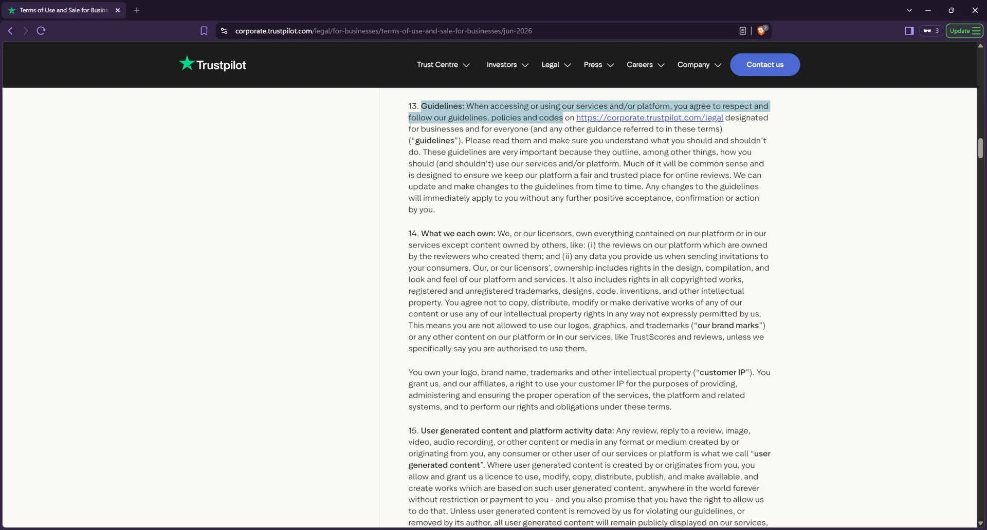Trustpilot terms of use and sale for businesses section 13