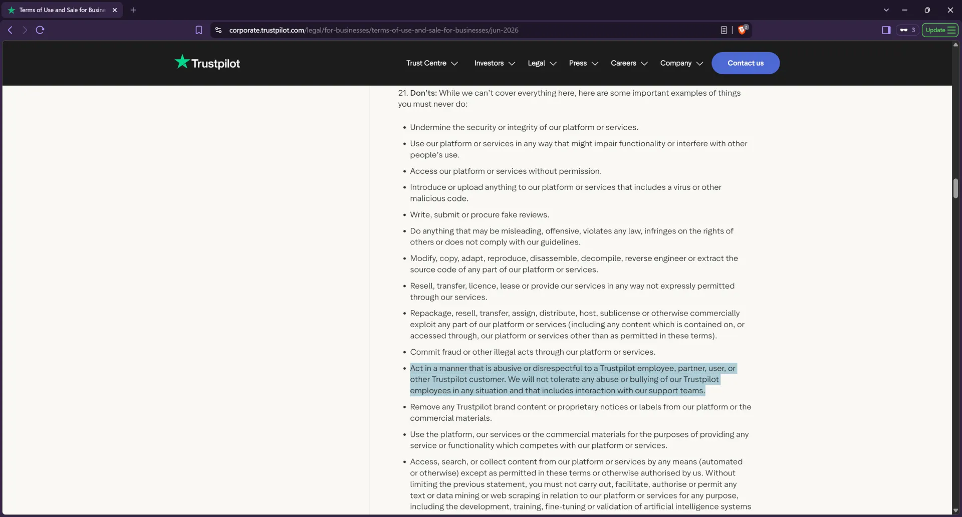 Trustpilot terms of use and sale for businesses section 21, being disrespectful to trustpilot
