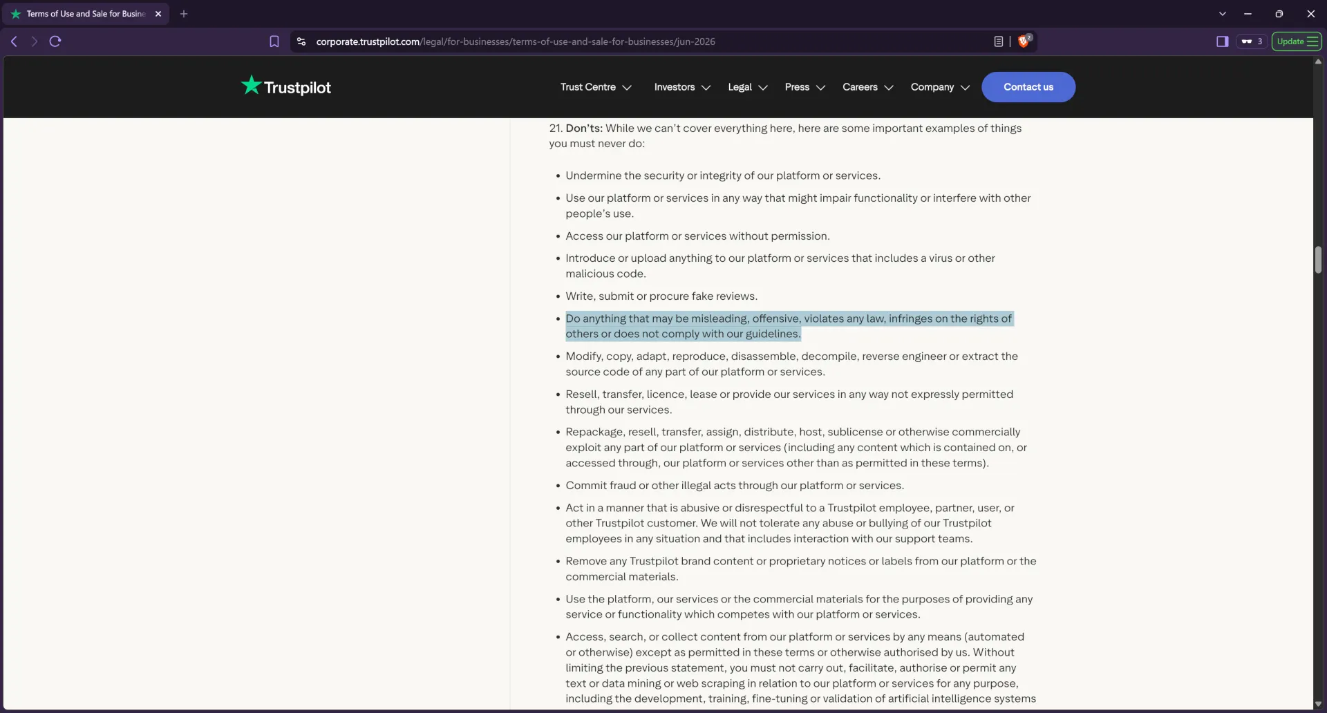 Trustpilot terms of use and sale for businesses section 21