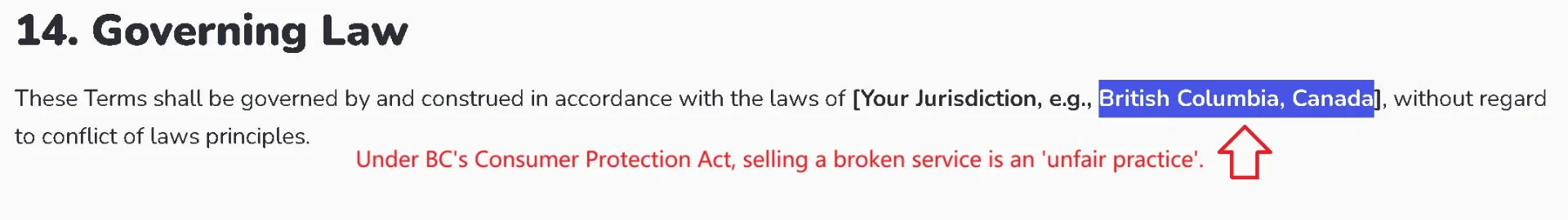 Mocko policy 14. Governing Law '[Your Jurisdiction, e.g., British Columbia, Canada]'