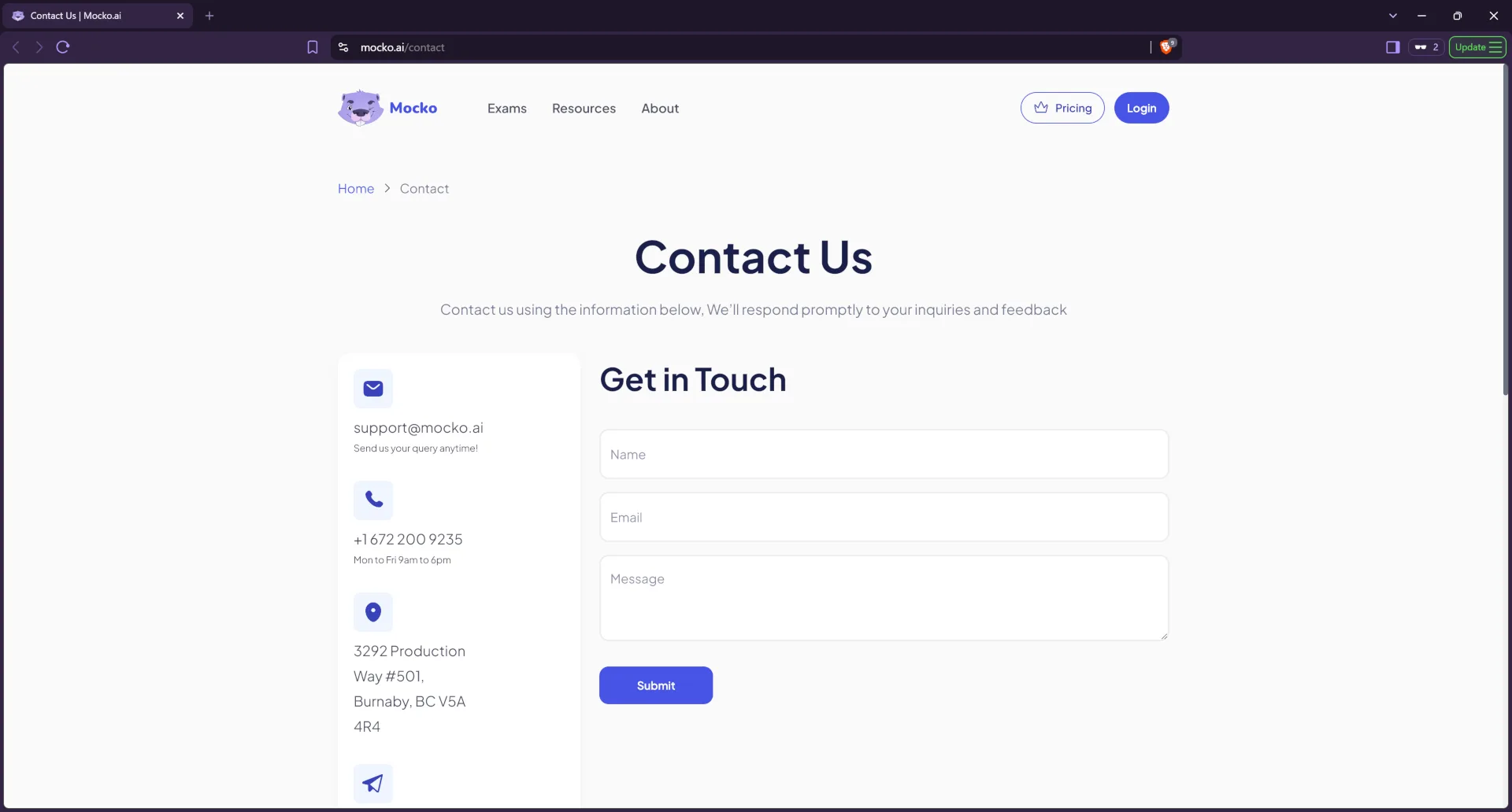Mocko contact us page