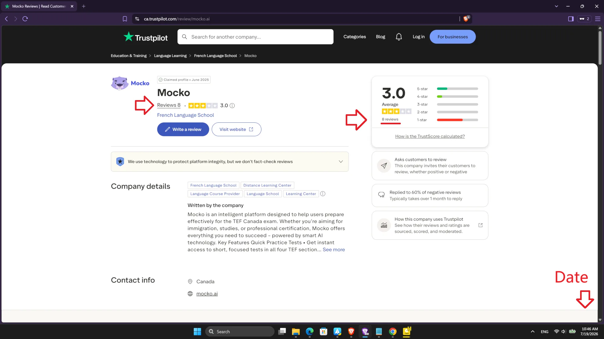 Trustpilot for Mocko.ai had only 8 reviews on Jul 19, 2026