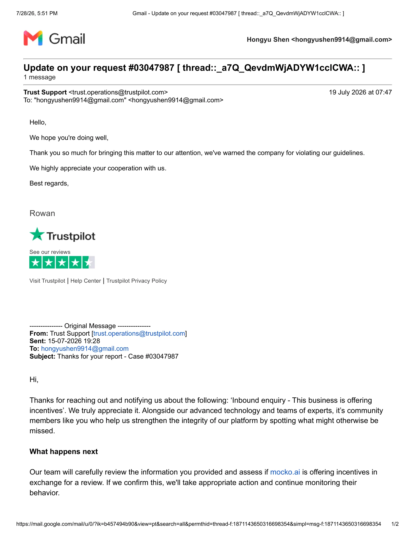 Trustpilot has officially received the enquiry for reporting incentives of Mocko.ai