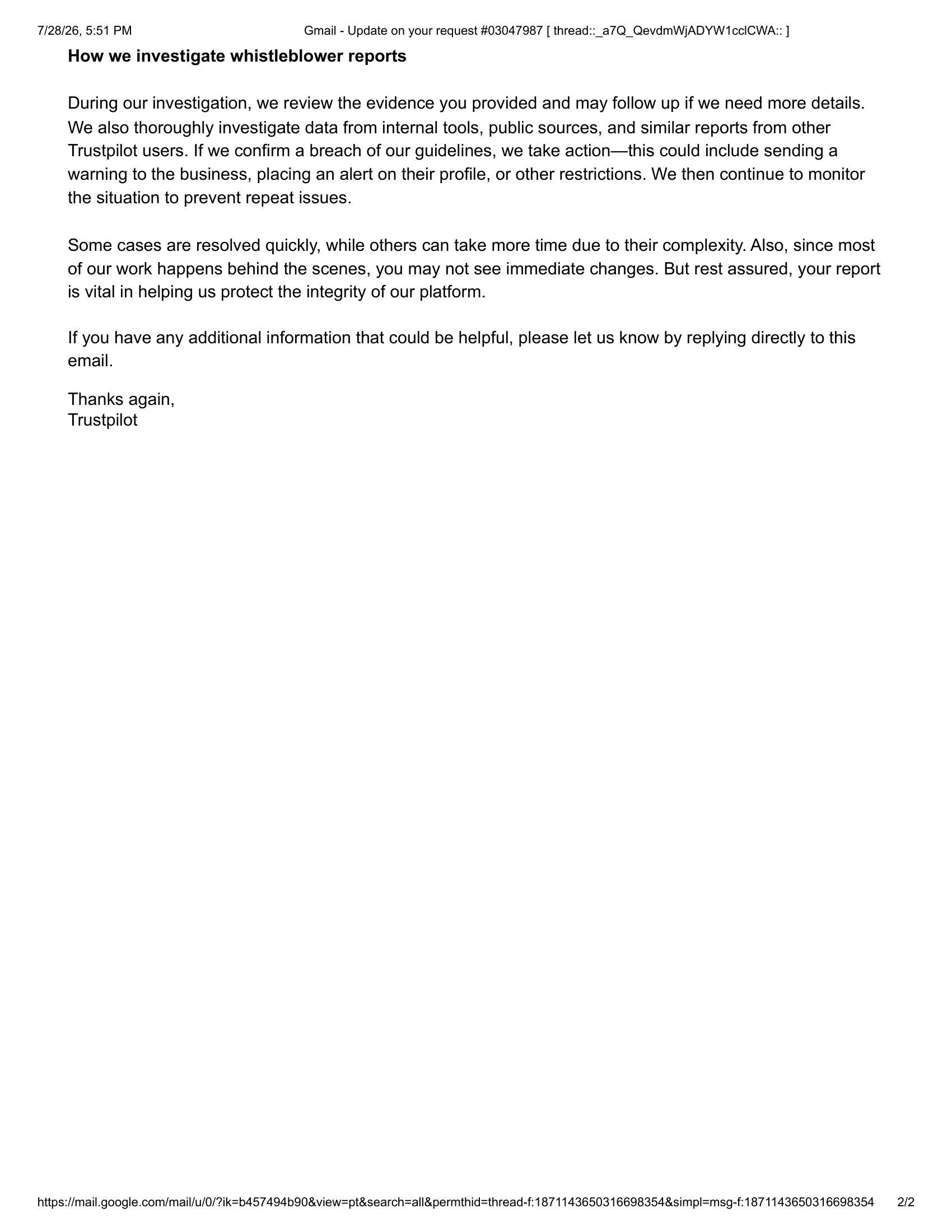 Trustpilot agent Rowan confirmed receiving the incentive report by Mocko.ai
