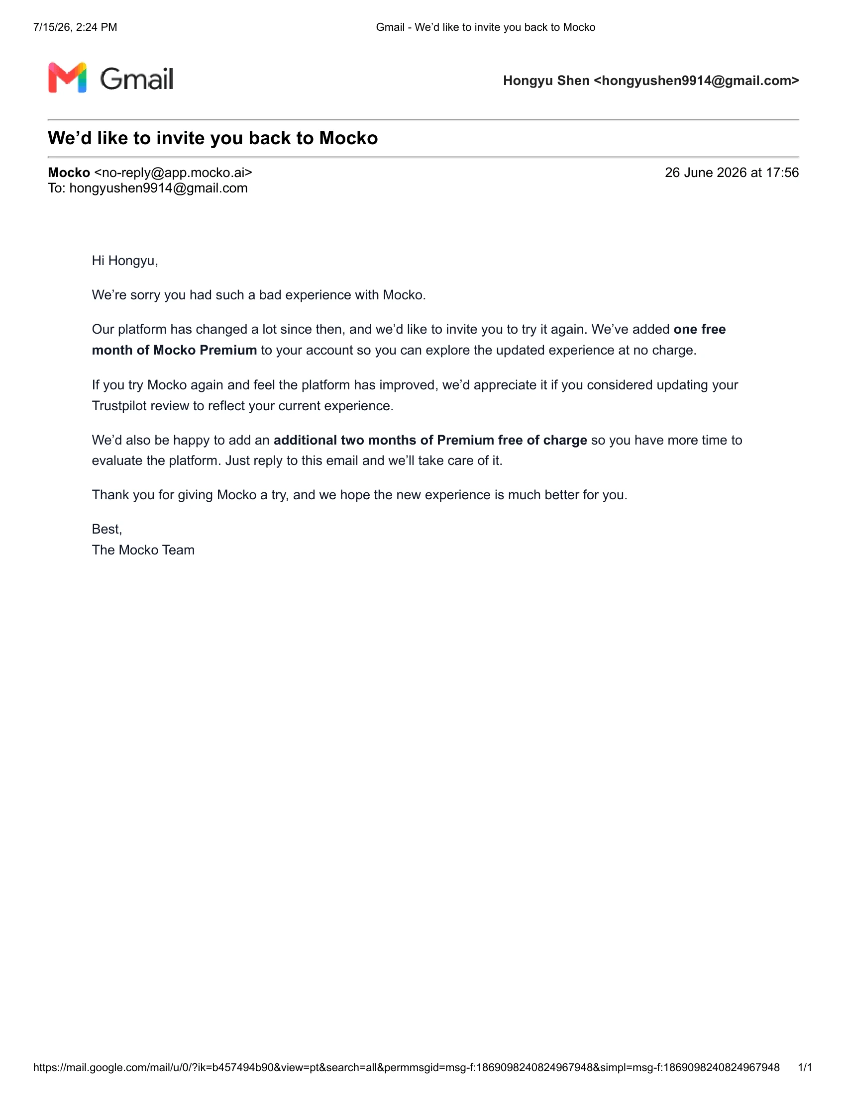 Mocko first incentive email to a user for improving Trustpilot rating