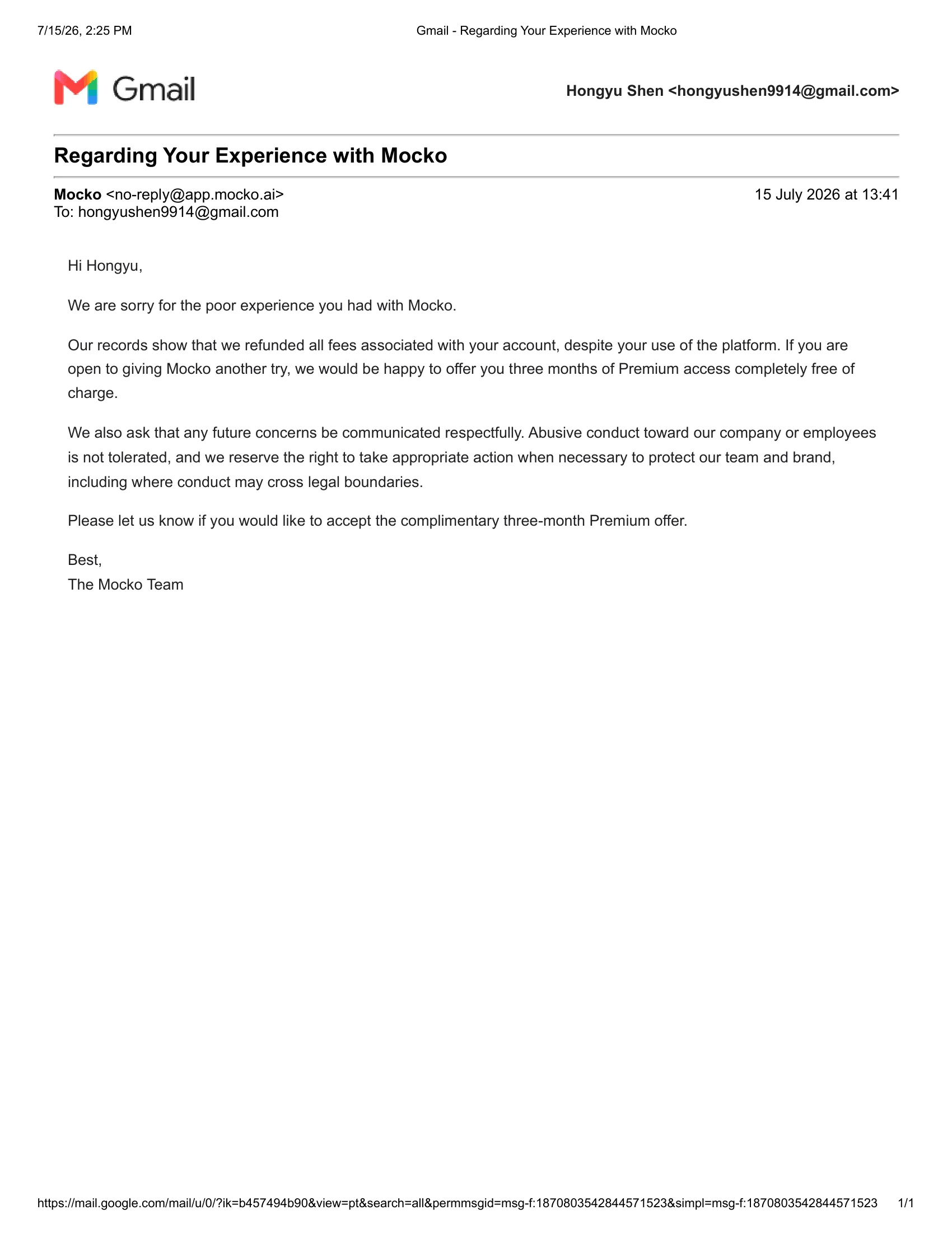 Mocko second incentive email to a user for improving Trustpilot rating