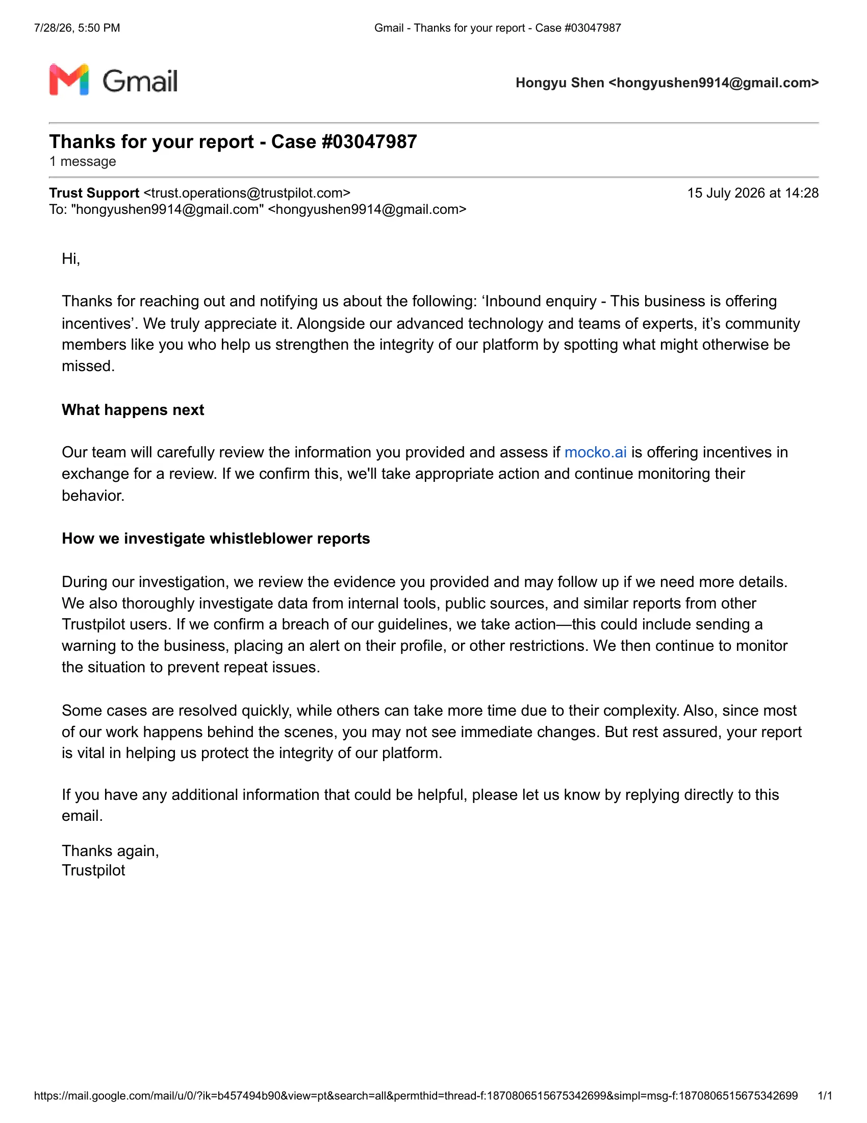 Reporting Mocko's incentives to Trustpilot