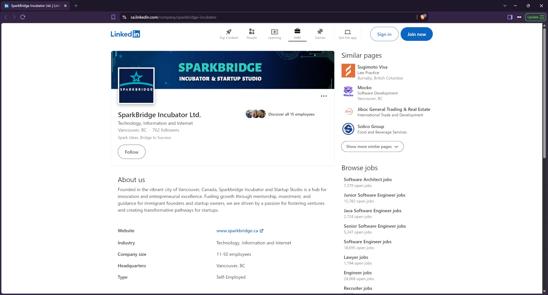 Linkedin profile of SparkBridge Incubator Ltd