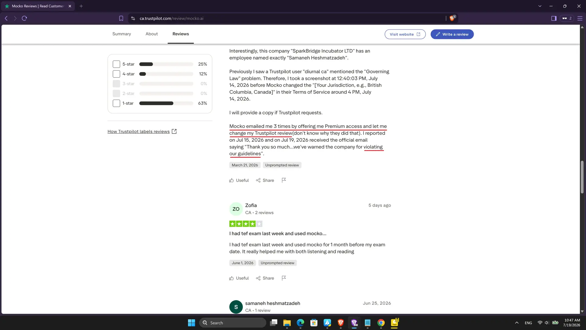 User included the date of reporting incentives of Mocko.ai to Trustpilot