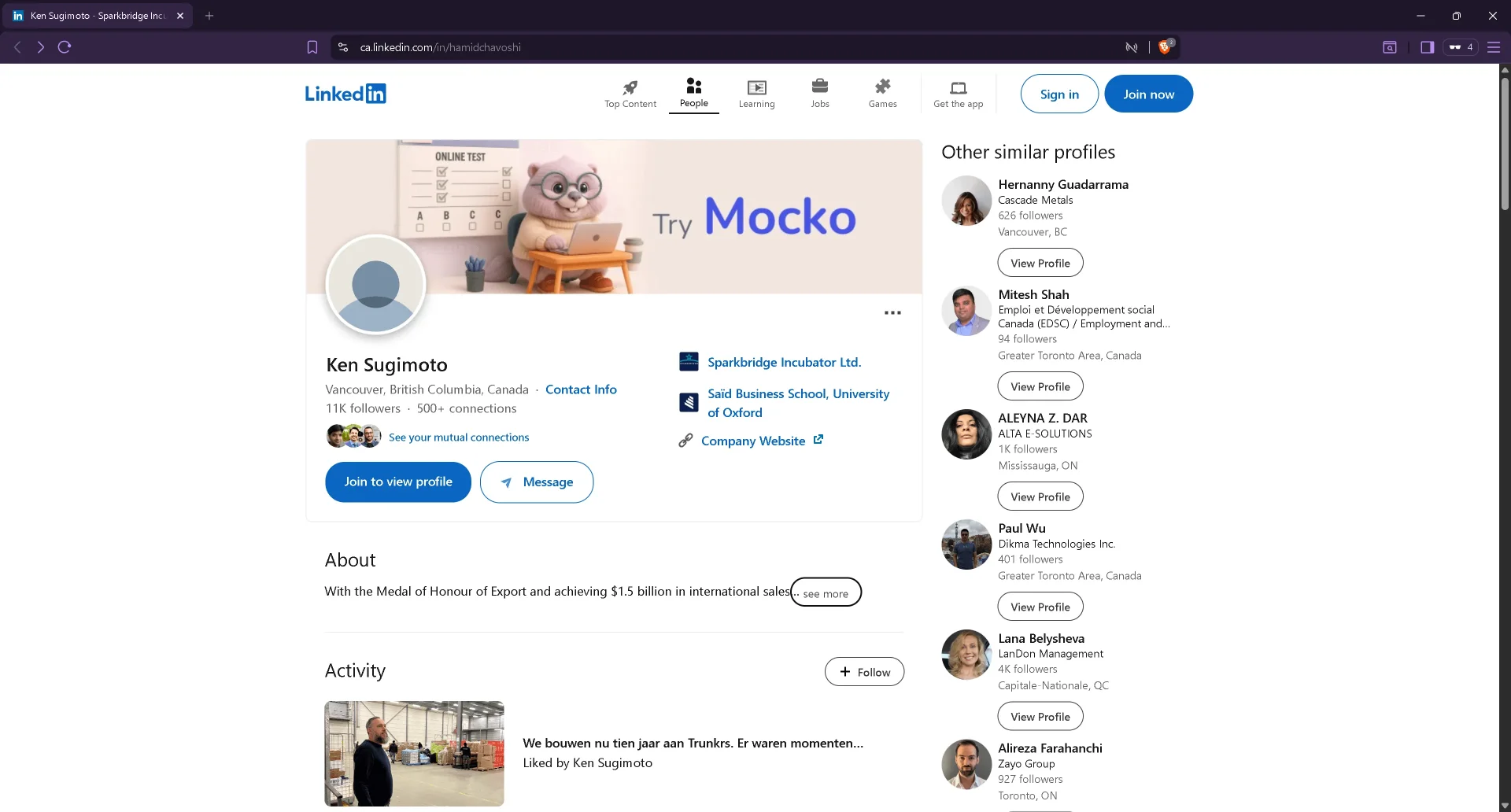 Linkedin profile of Mocko CEO Ken Sugimoto, also known as Hamid Chavoshi