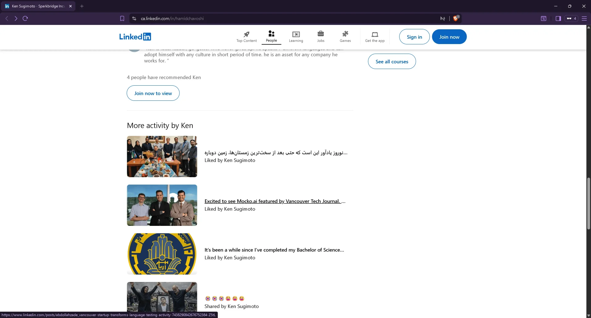 Linkedin profile of Mocko CEO Ken Sugimoto and his activity