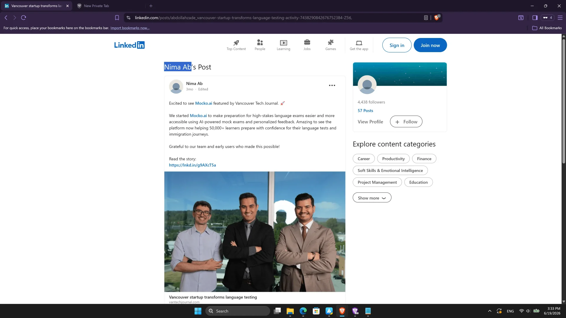 Linkedin profile of Mocko co-founder Nima Ab