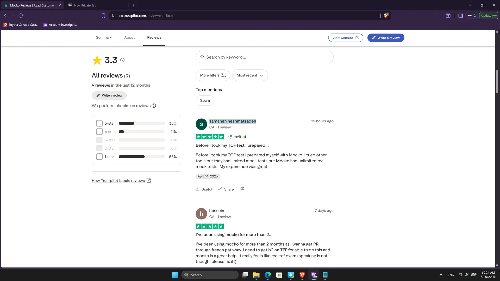 Suspected case 1: Mocko employee Samaneh Heshmatzadeh posted self-review on Trustpilot