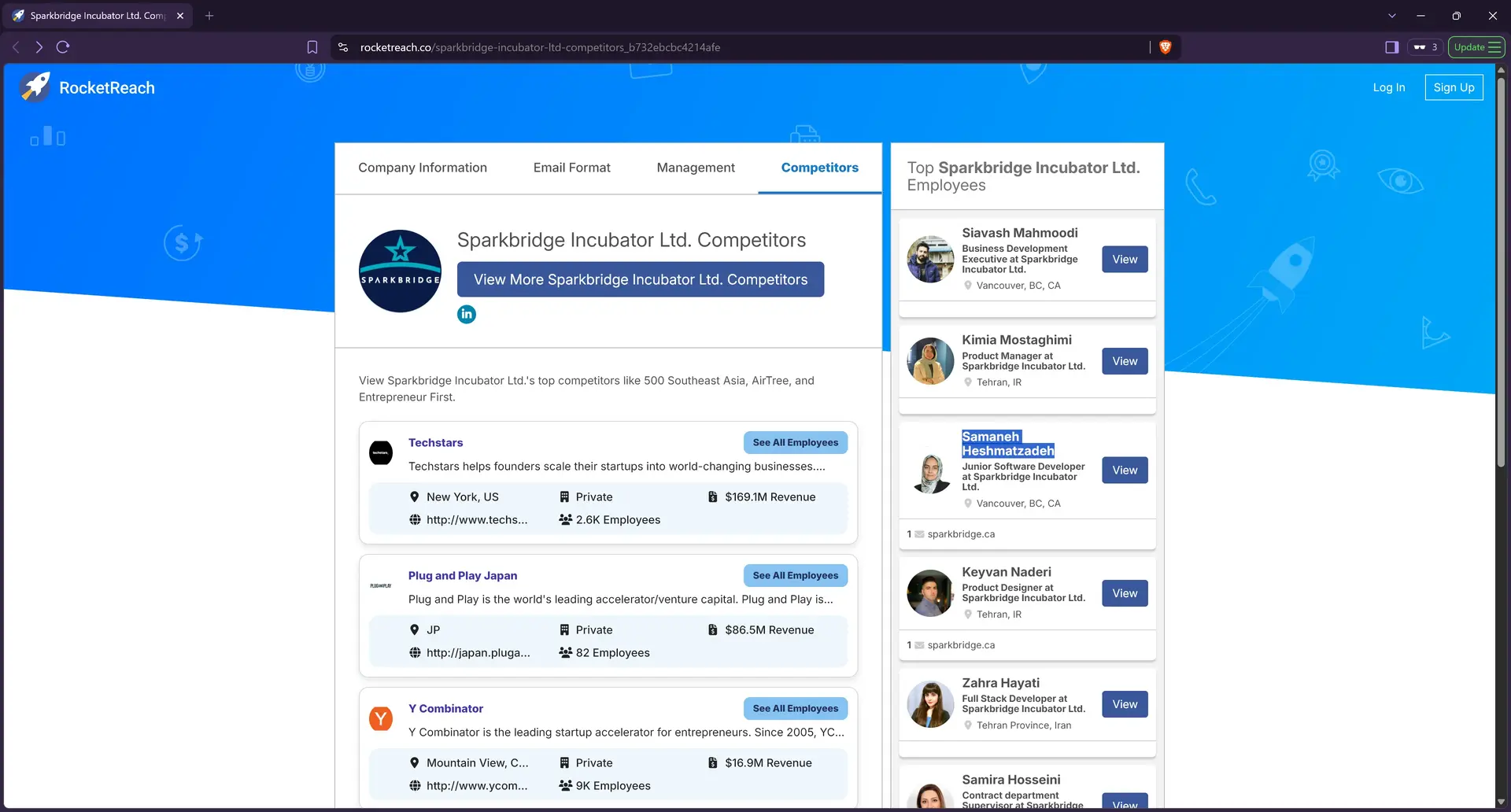 Website RocketReach for SparkBridge Incubator Ltd