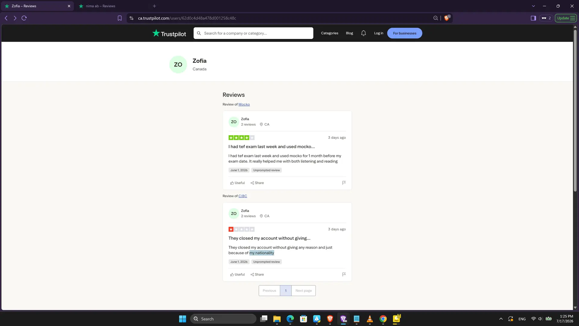 Trustpilot user Zofia had 2 reviews