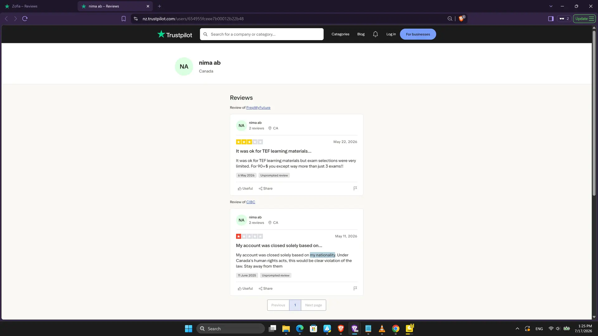 Trustpilot user nima ab had 2 reviews