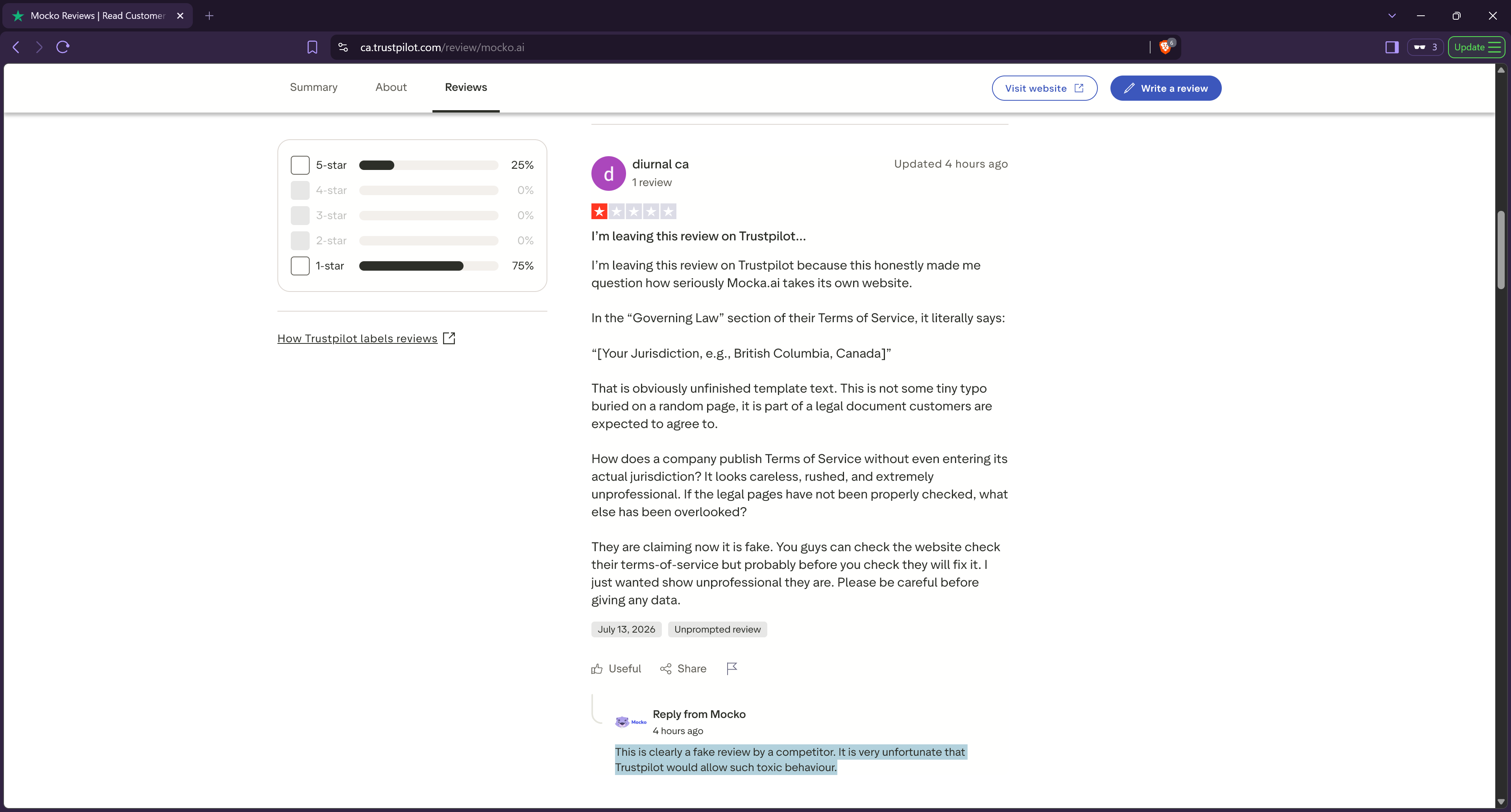 Trustpilot user diurnal ca pointed out unprofessional behaviors of Mocko.ai