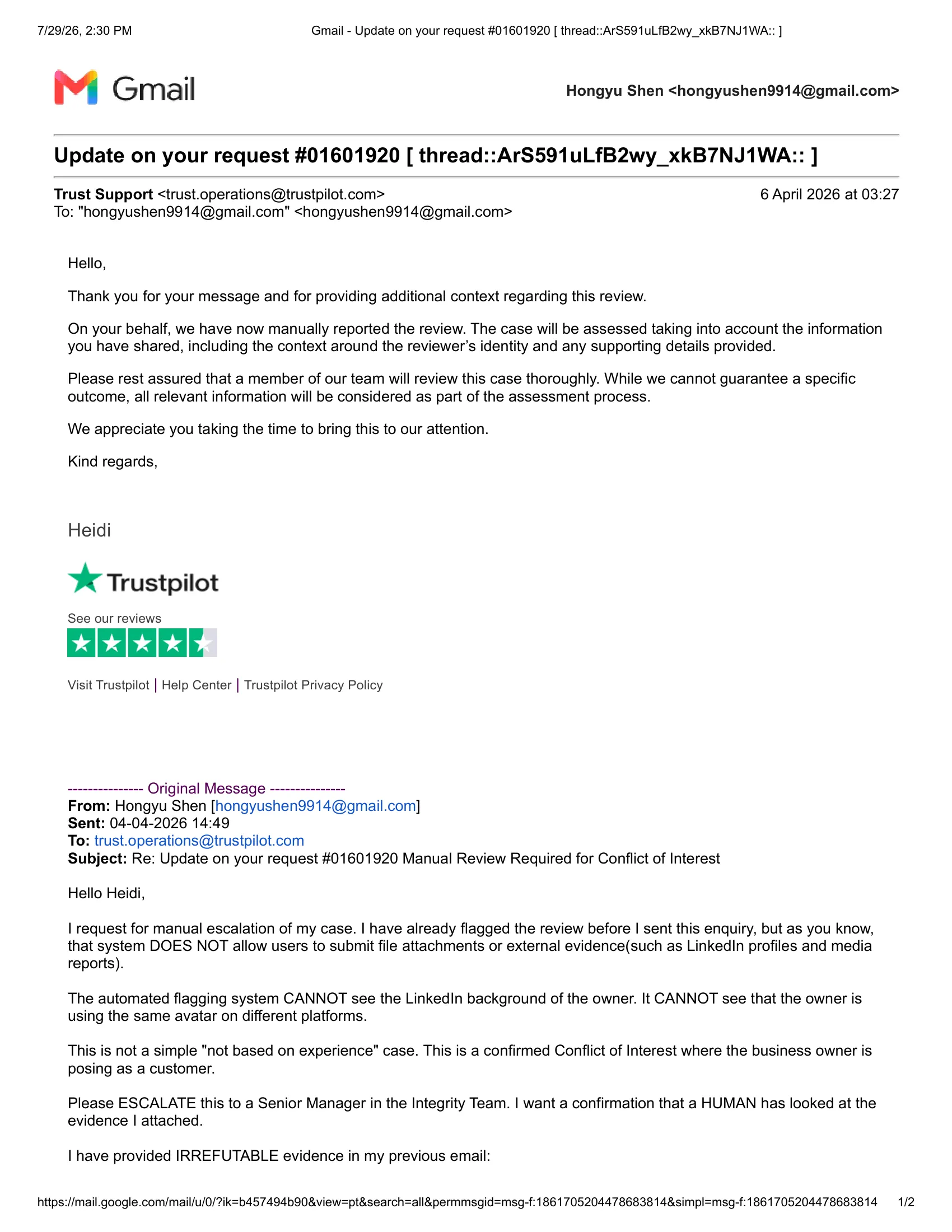 Trustpilot manual review for Mocko review
