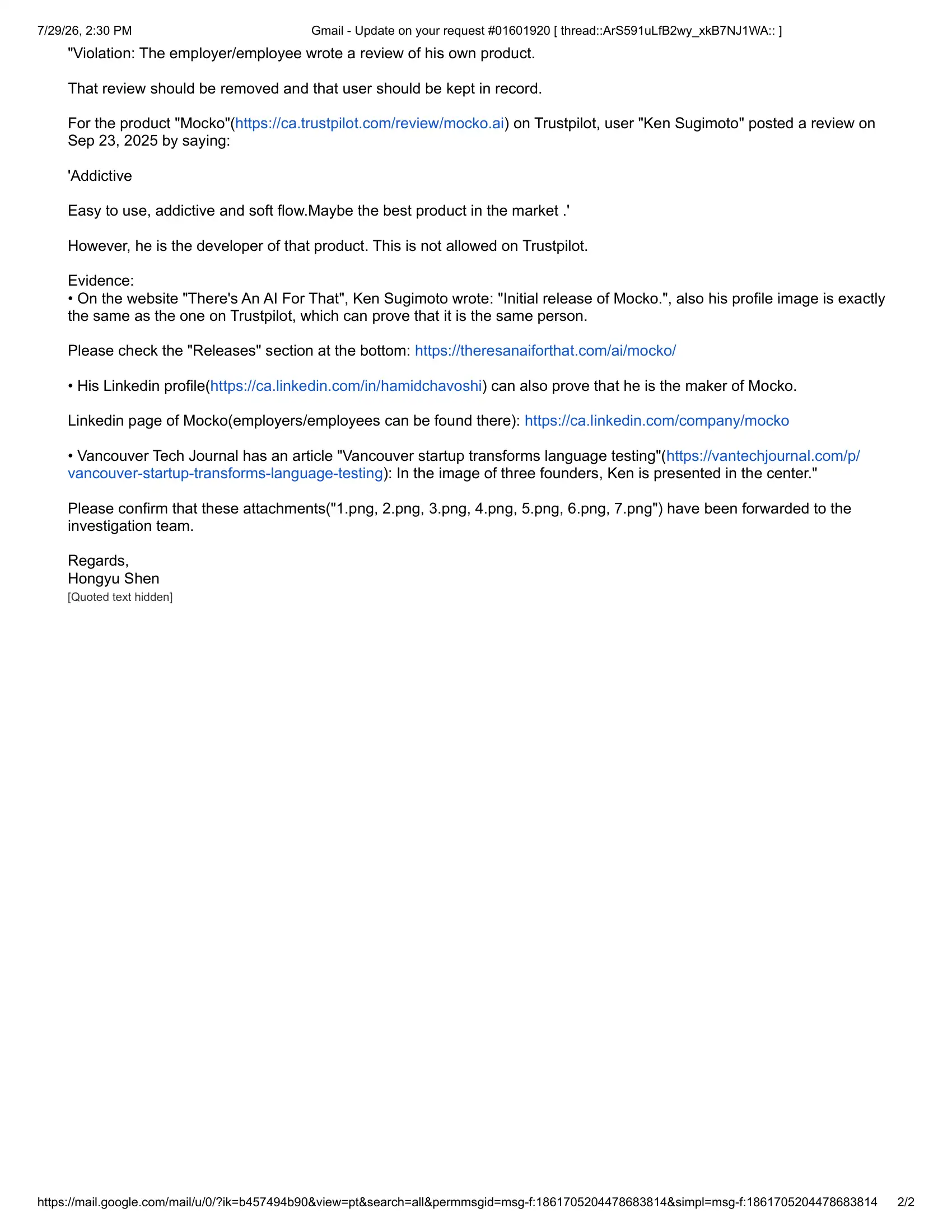 The post of user Ken Sugimoto (the same name as CEO of Mocko) was reviewed manually by Trustpilot team and later got removed.